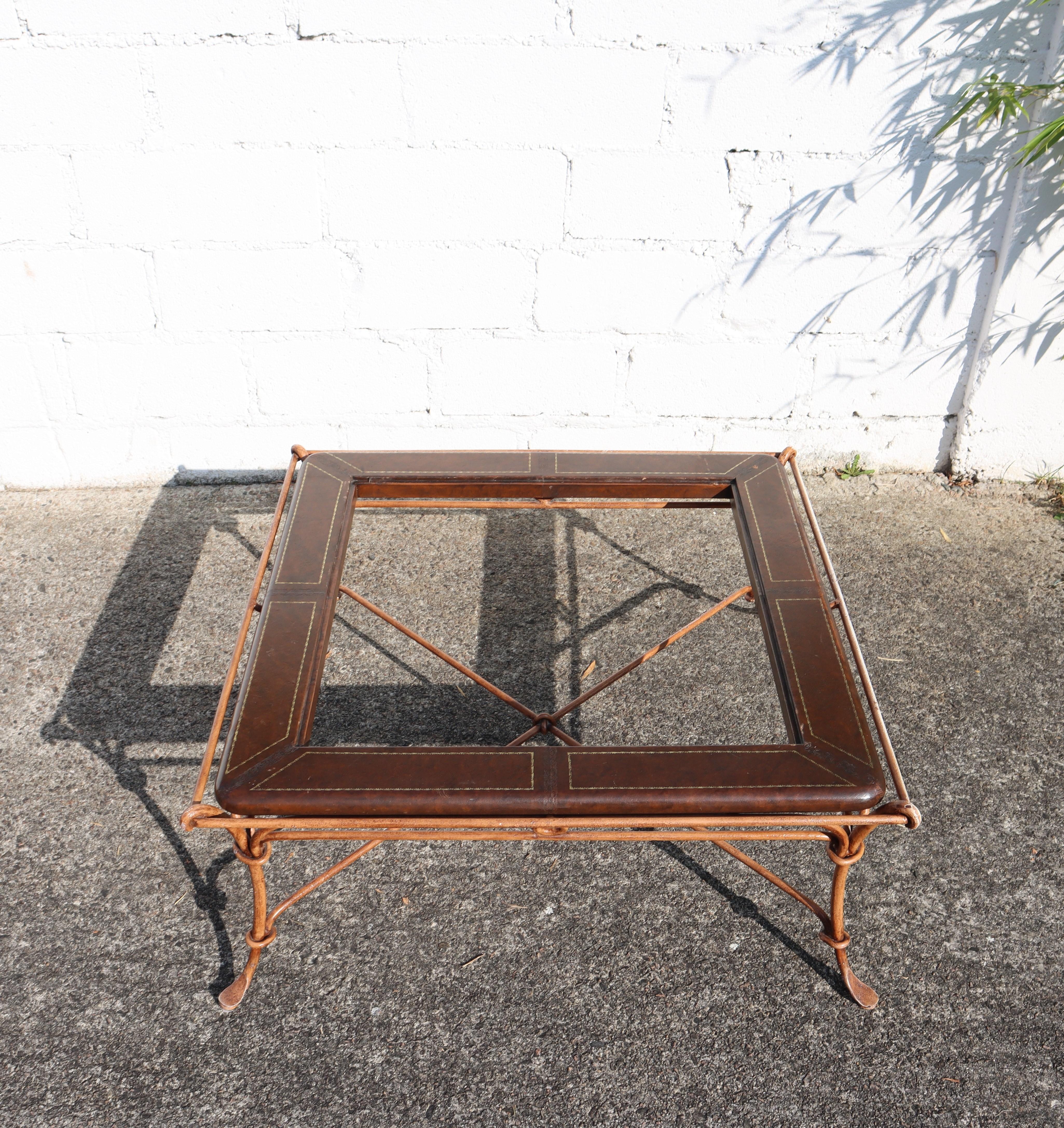 Embossed French Vintage square Leather, Iron and Glass Insert Coffee Table-Cocktail Table