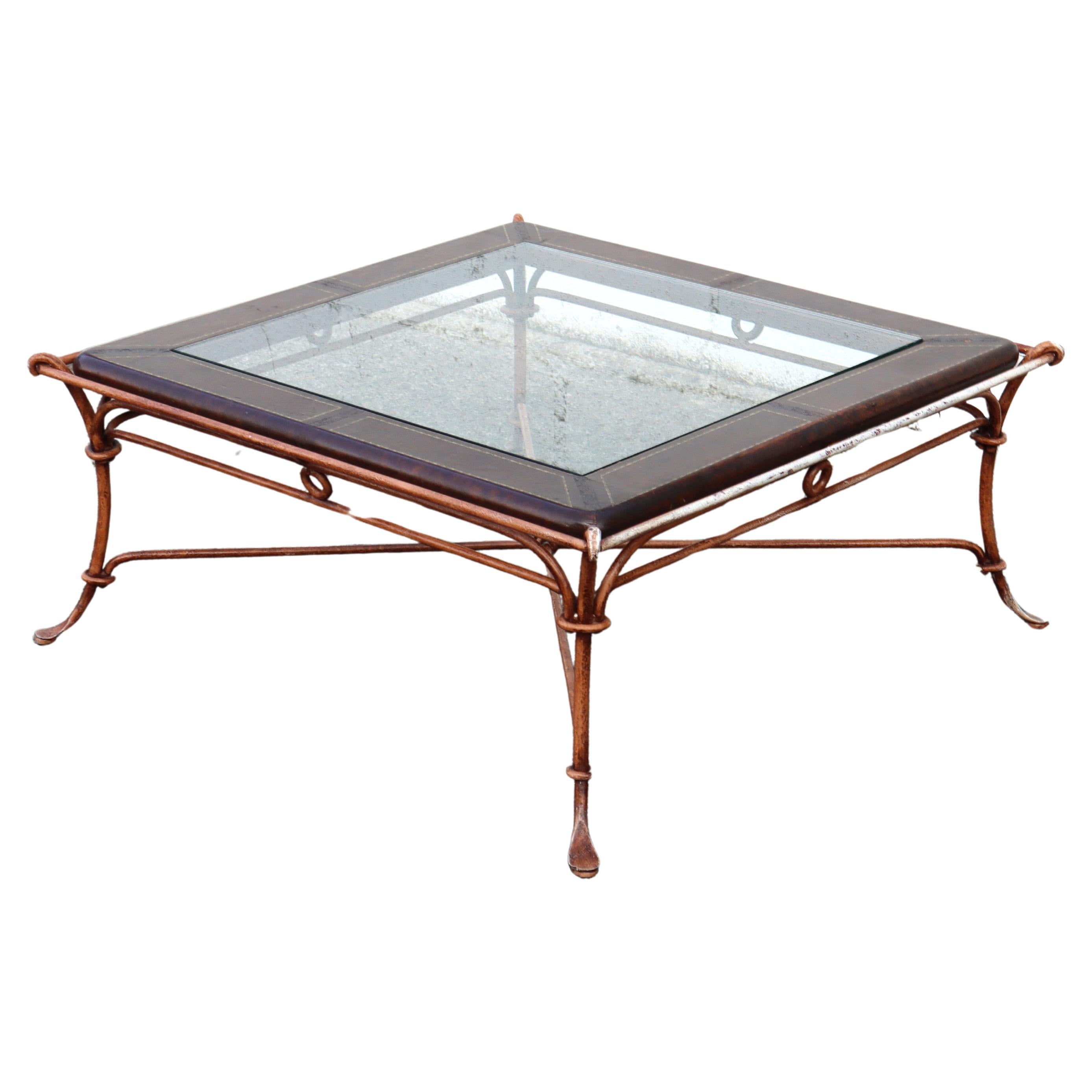 Late 20th Century French Vintage square Leather, Iron and Glass Insert Coffee Table-Cocktail Table