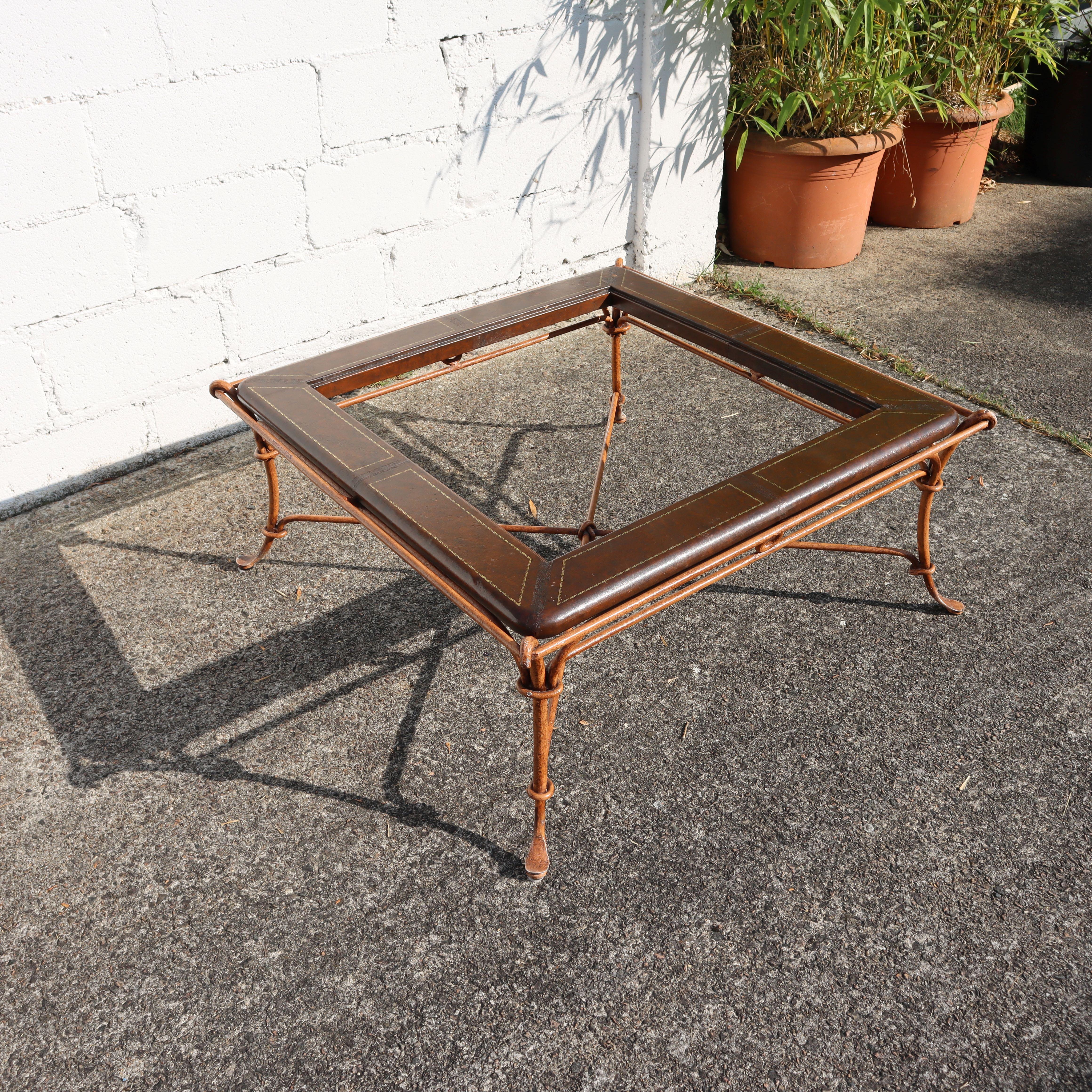 Metal French Vintage square Leather, Iron and Glass Insert Coffee Table-Cocktail Table