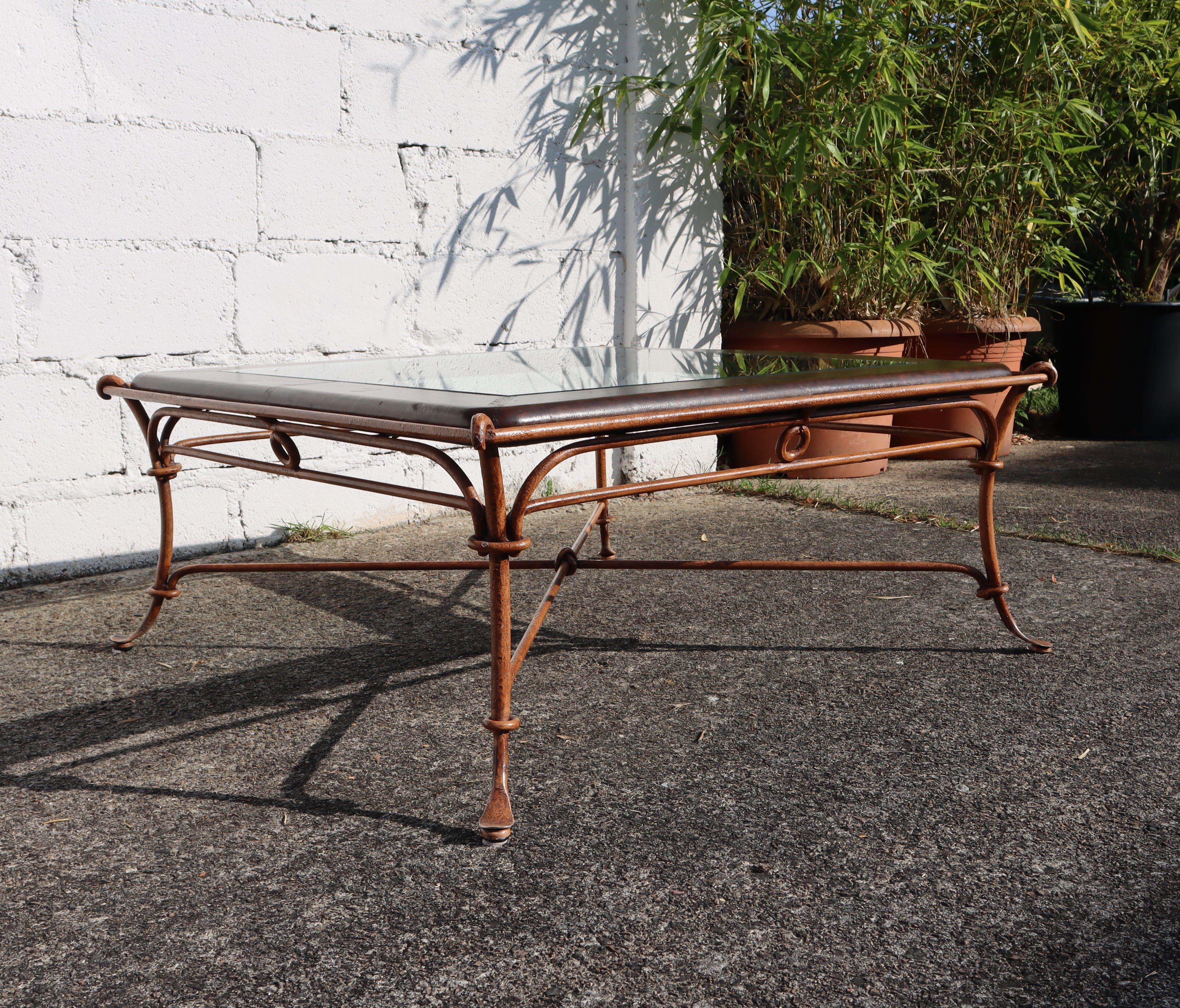 French Vintage square Leather, Iron and Glass Insert Coffee Table-Cocktail Table 1