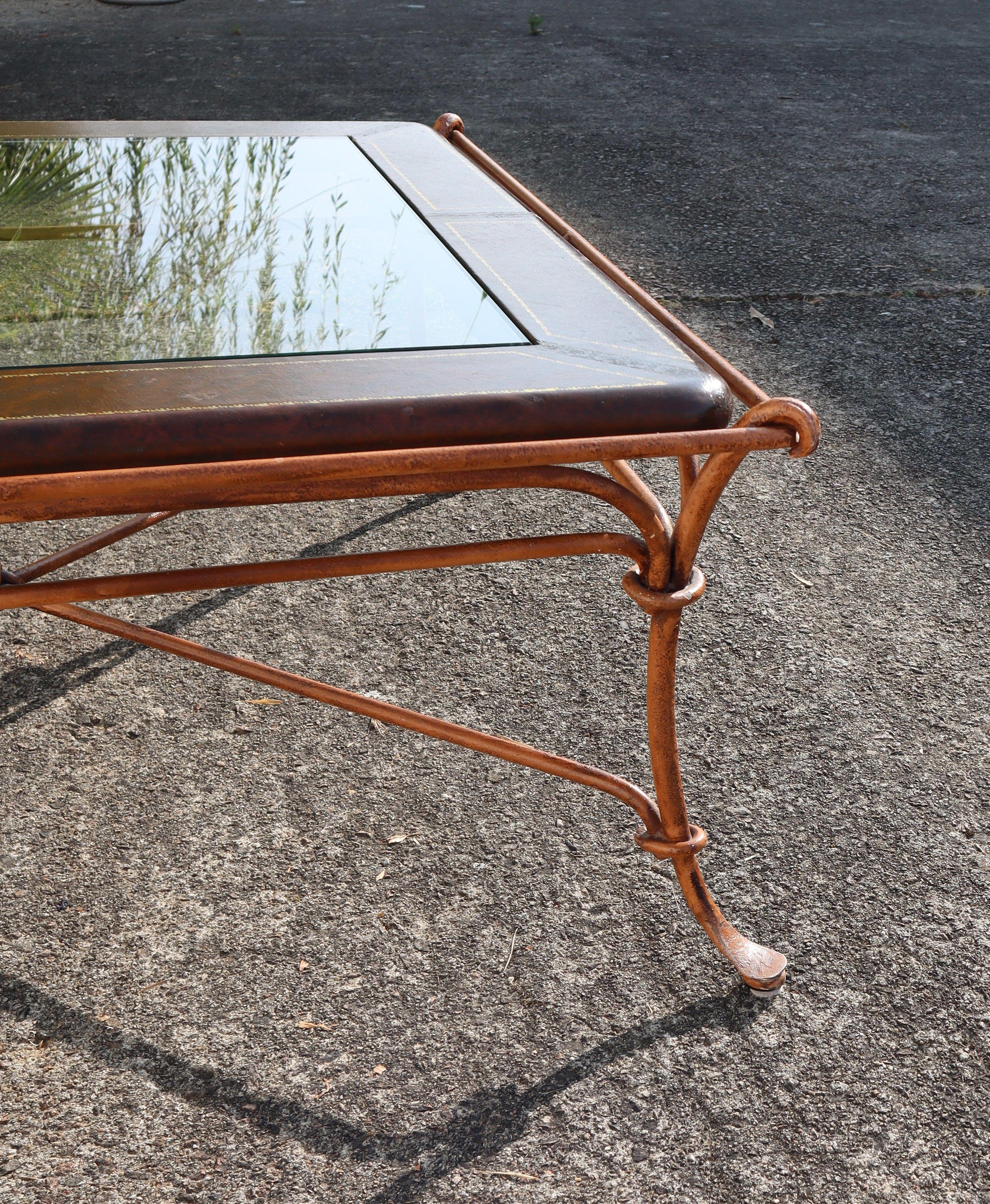 French Vintage square Leather, Iron and Glass Insert Coffee Table-Cocktail Table 2
