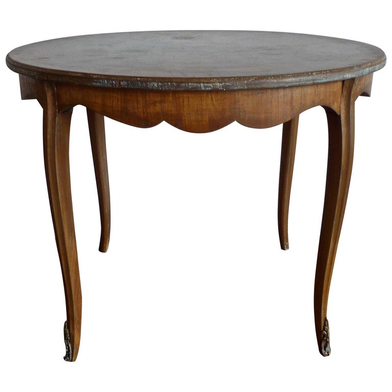 French Vintage Stained Hand Carved Inlay Walnut Round Coffee Table