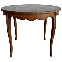 French Antique Stained Hand Carved Walnut Round Coffee Table with Inlay Top