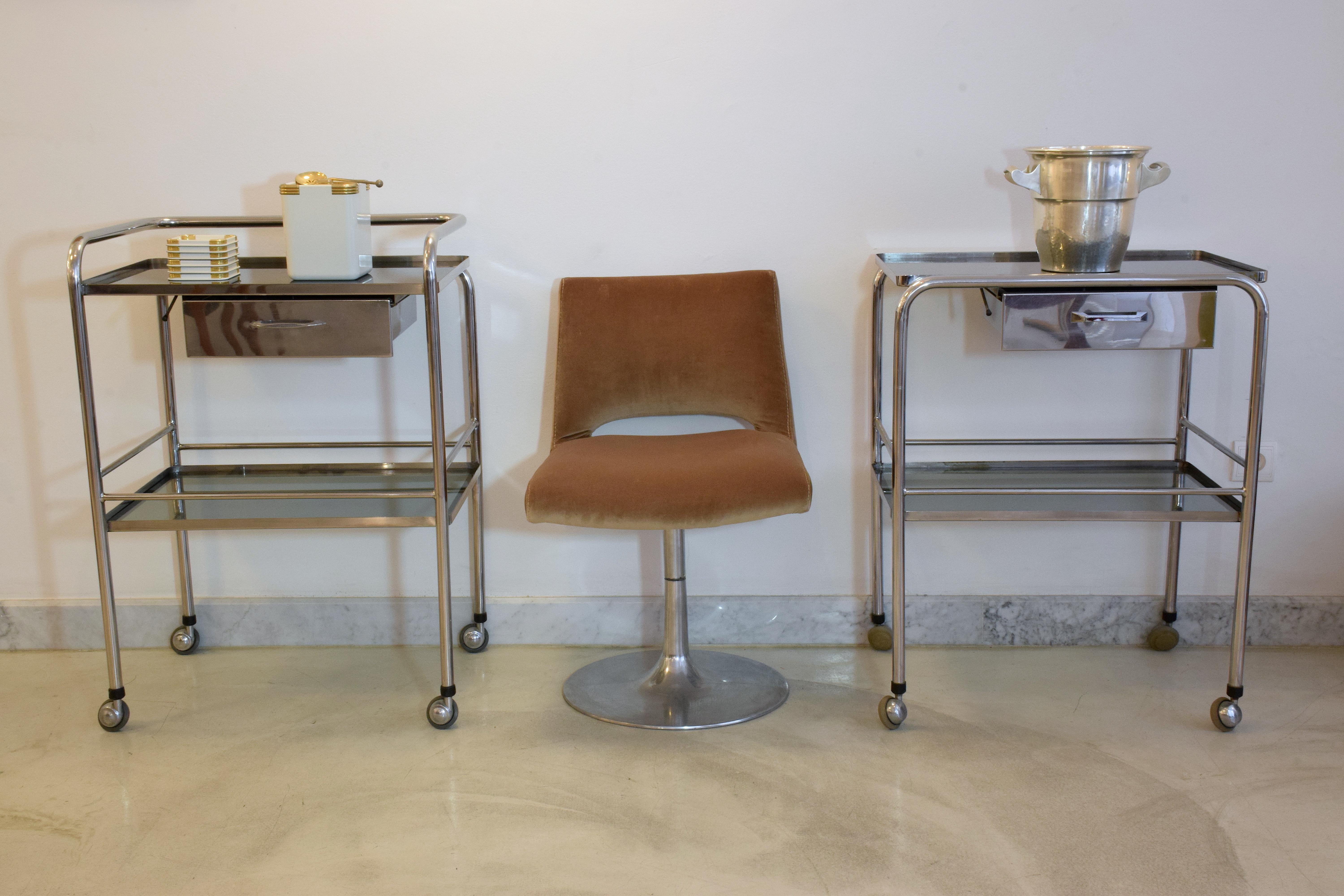 Stainless Steel French Vintage Steel Cabinet Cart with Shelves and Rollers, 1960s