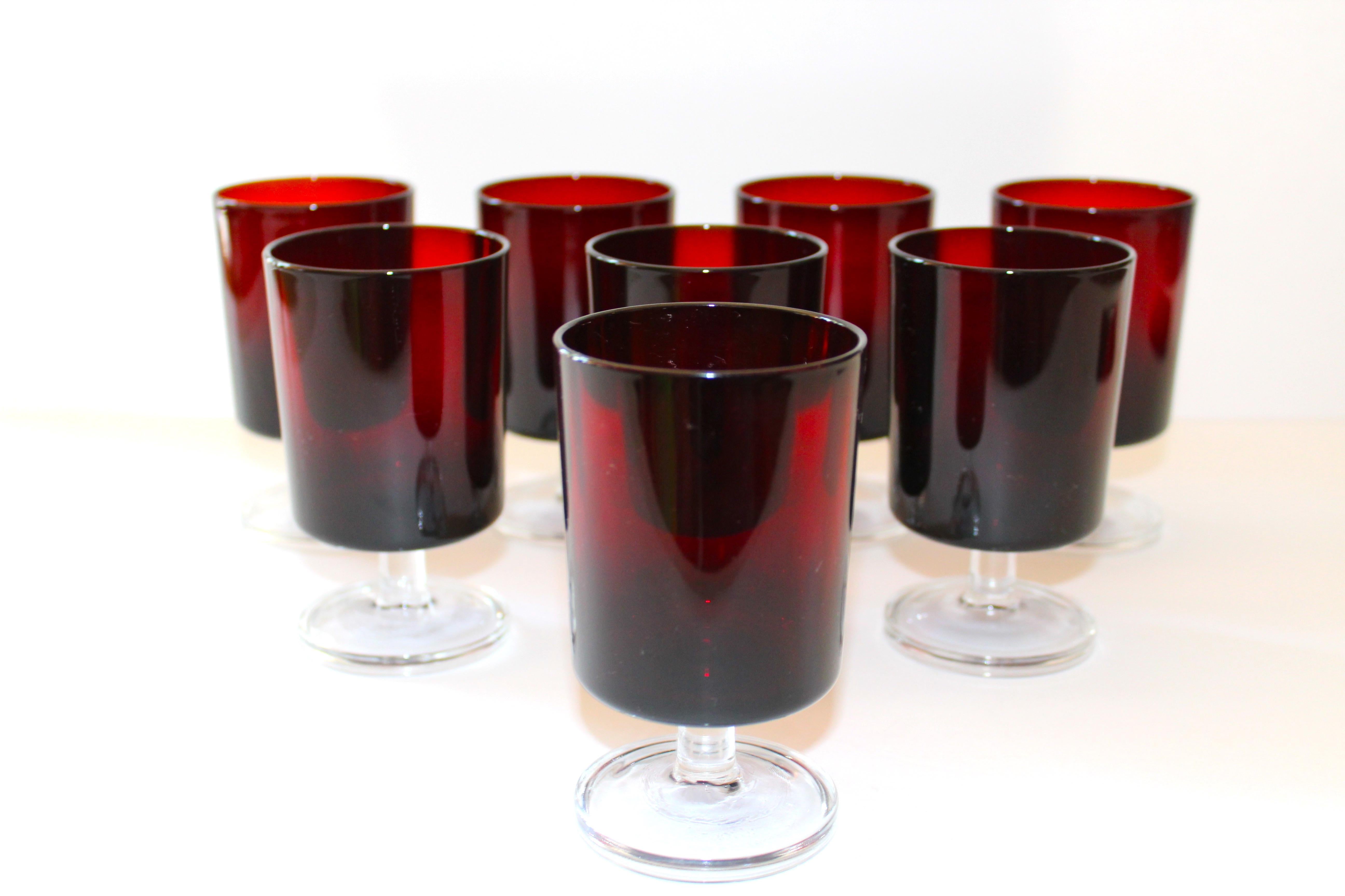 Mid-Century Modern French Vintage Stemware Glasses in Ruby Red, Set of Eight, c. 1960s