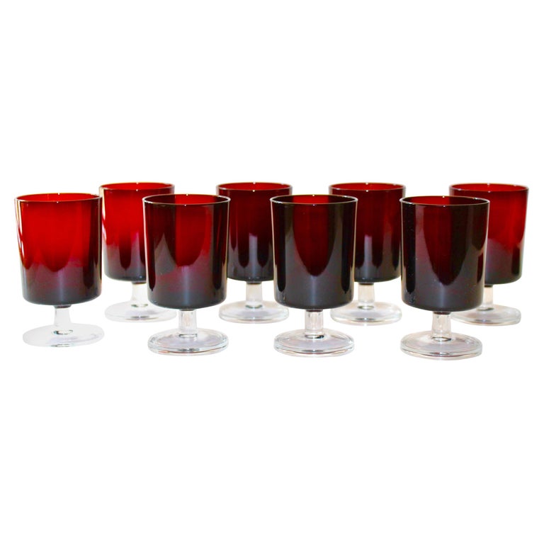 French Vintage Stemware Glasses in Ruby Red, Set of Eight, c. 1960s For Sale
