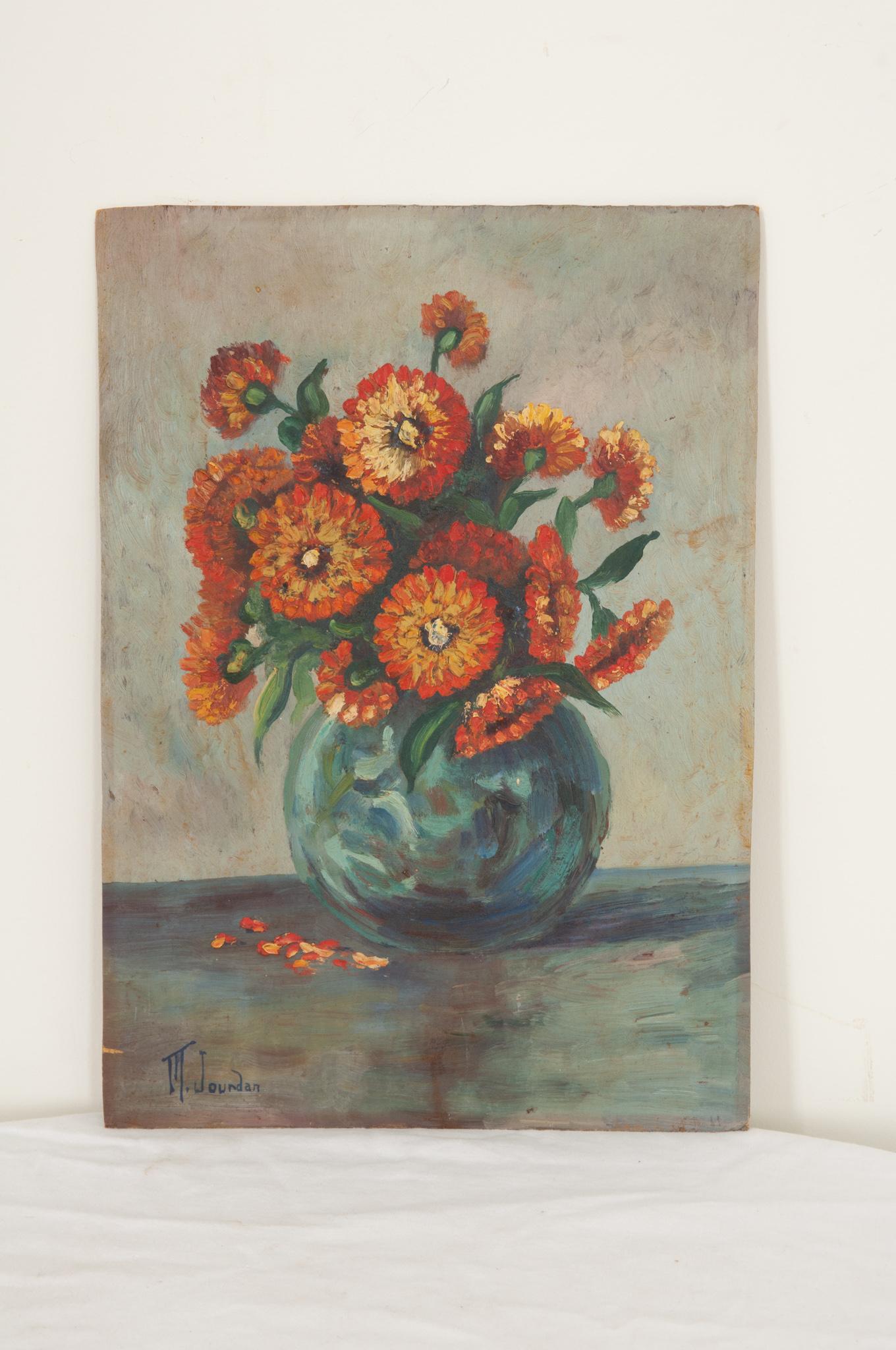 Other French Vintage Still Life Painting of Zinnias