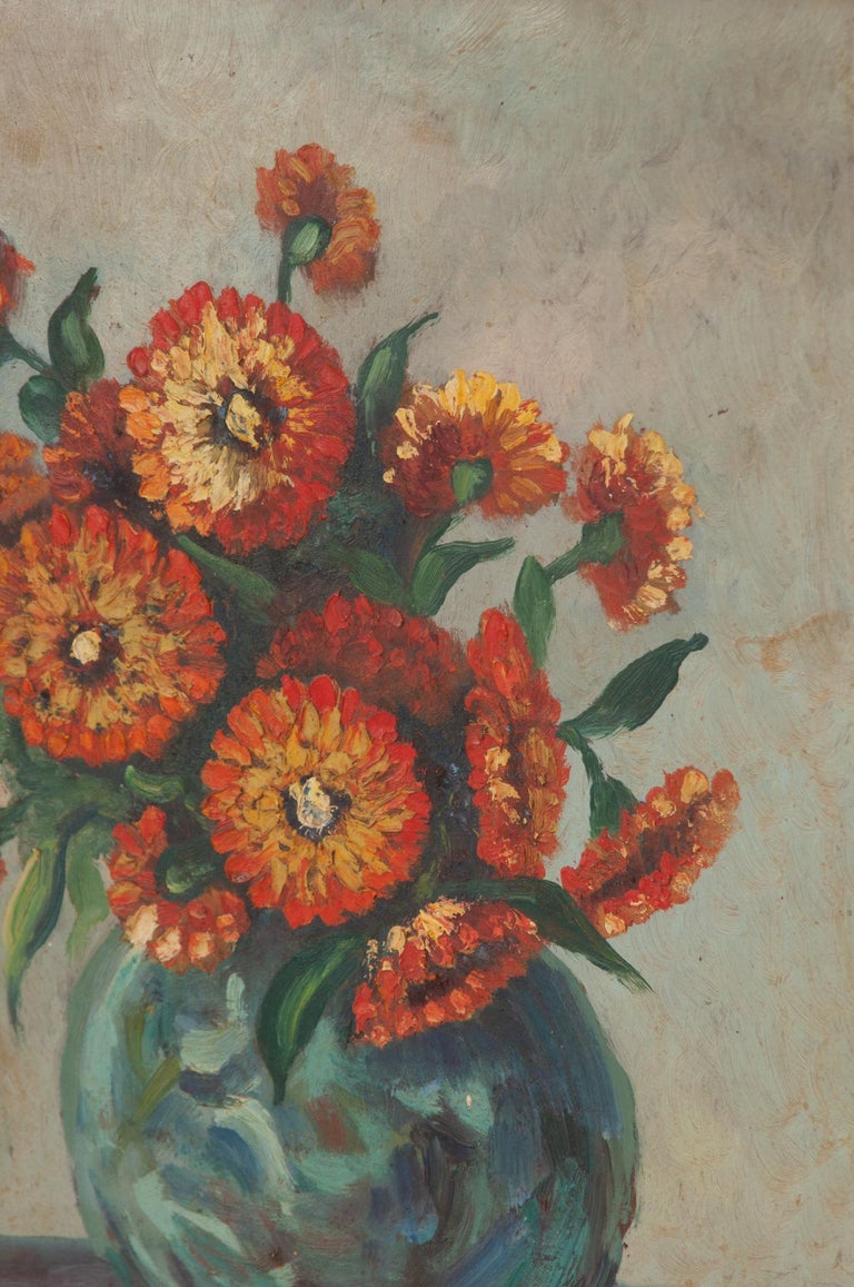 French Vintage Still Life Painting of Zinnias For Sale at 1stDibs