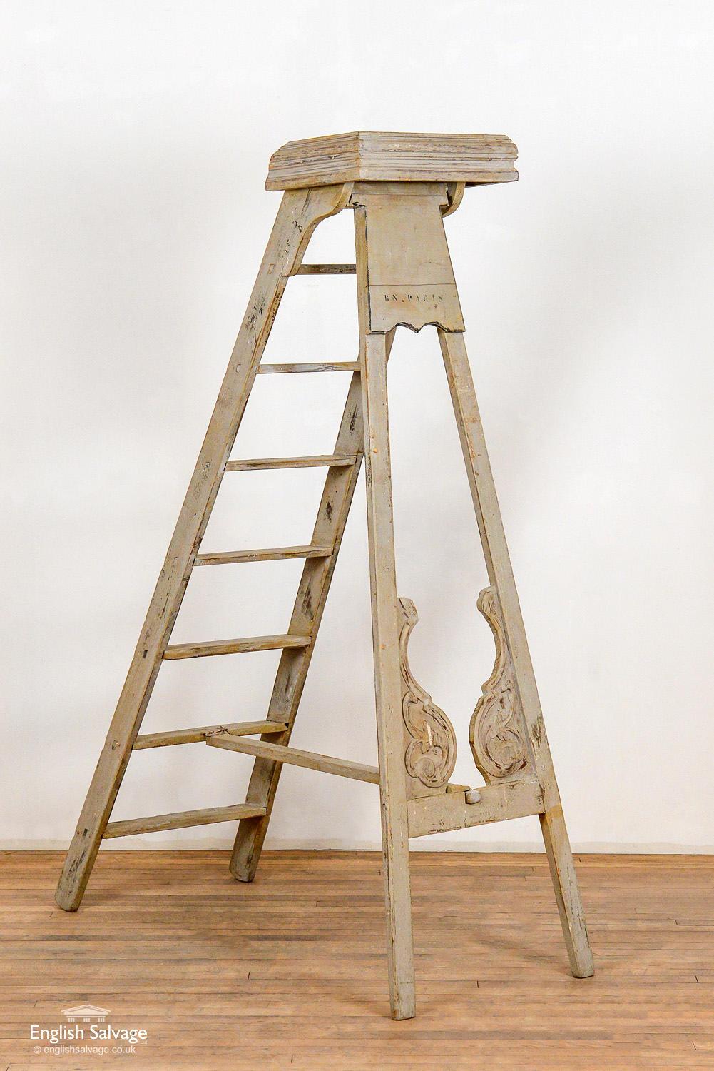 Impressive French style decorative eight step stepladder painted in grey with stencilled lettering 