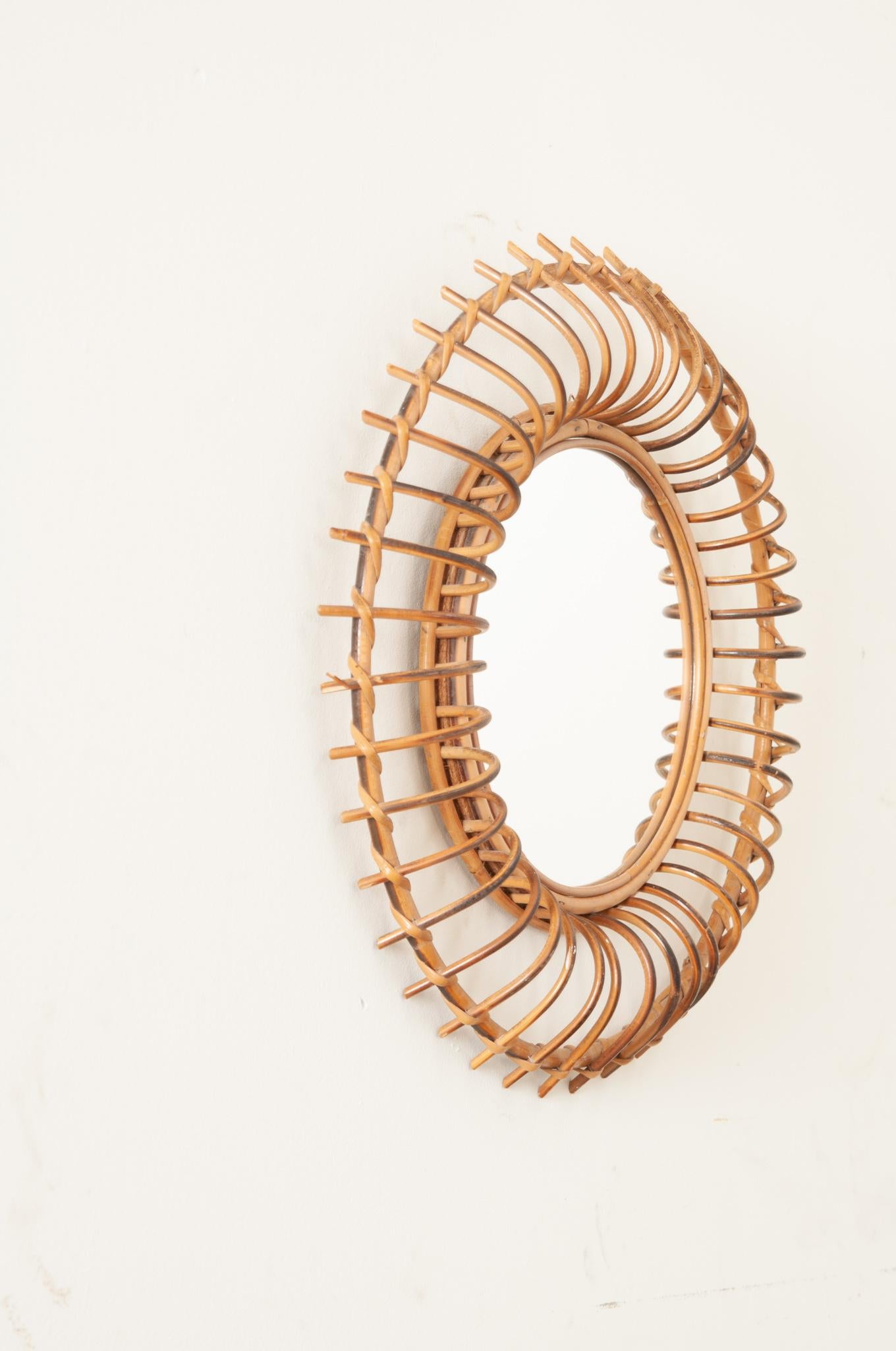 Mid-Century Modern French Vintage Sunburst Rattan Mirror For Sale