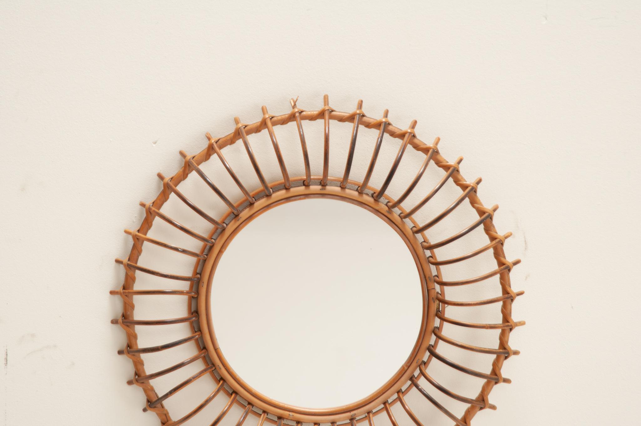 Hand-Woven French Vintage Sunburst Rattan Mirror For Sale