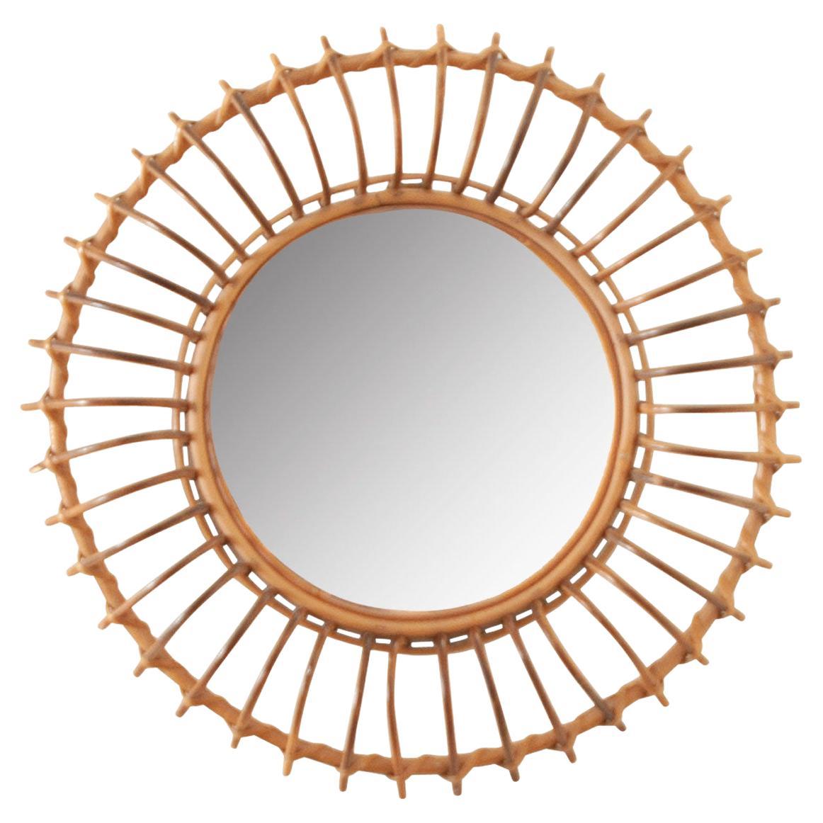 French Vintage Sunburst Rattan Mirror For Sale