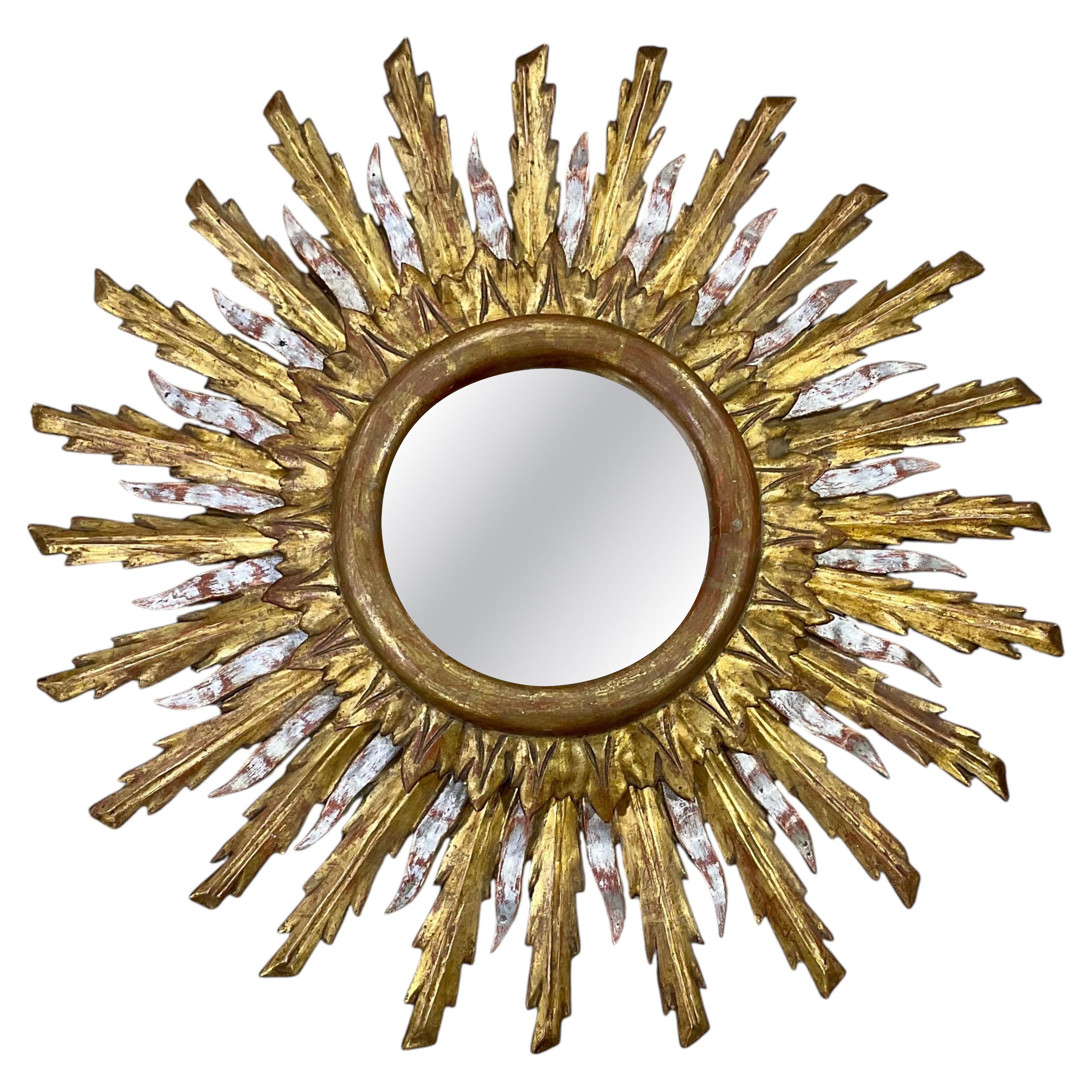 French Vintage Sunburst Wall Mirror, Gold & Silver Giltwood