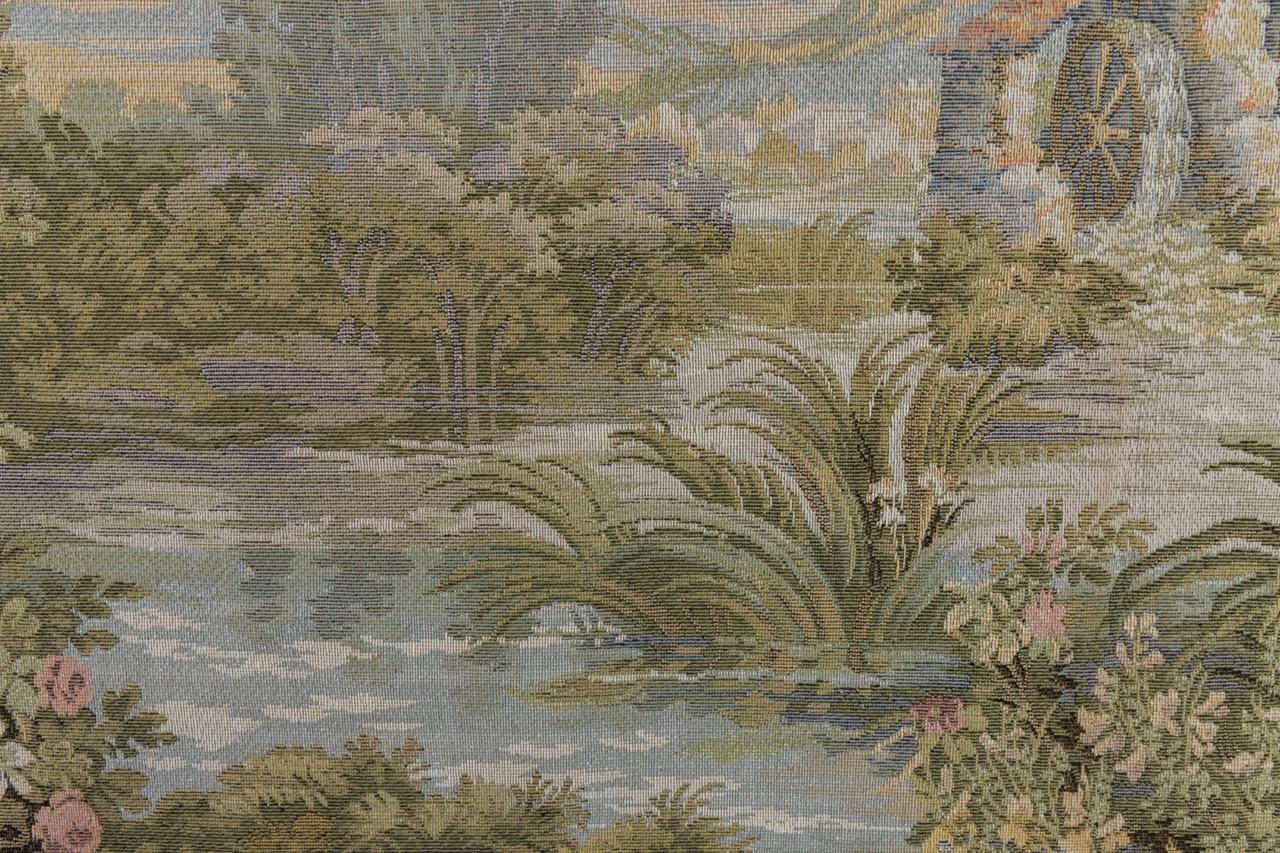 Arazzo francese d'epoca con paesaggio e ruota ad acqua in vendita 8