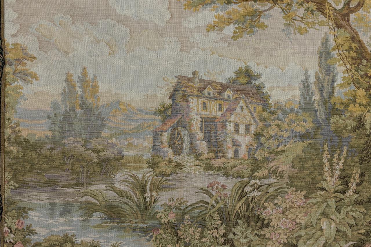 Arazzo francese d'epoca con paesaggio e ruota ad acqua In condizioni buone in vendita a Barntrup, DE