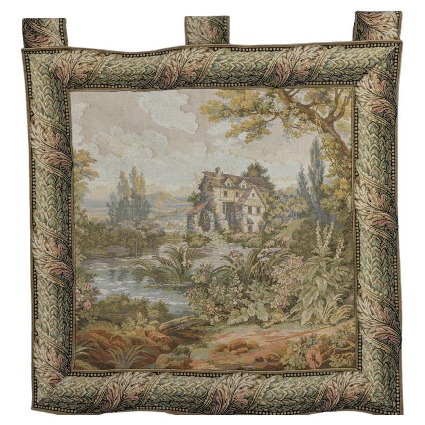 French Vintage Tapestry Landscape with a Waterwheel
