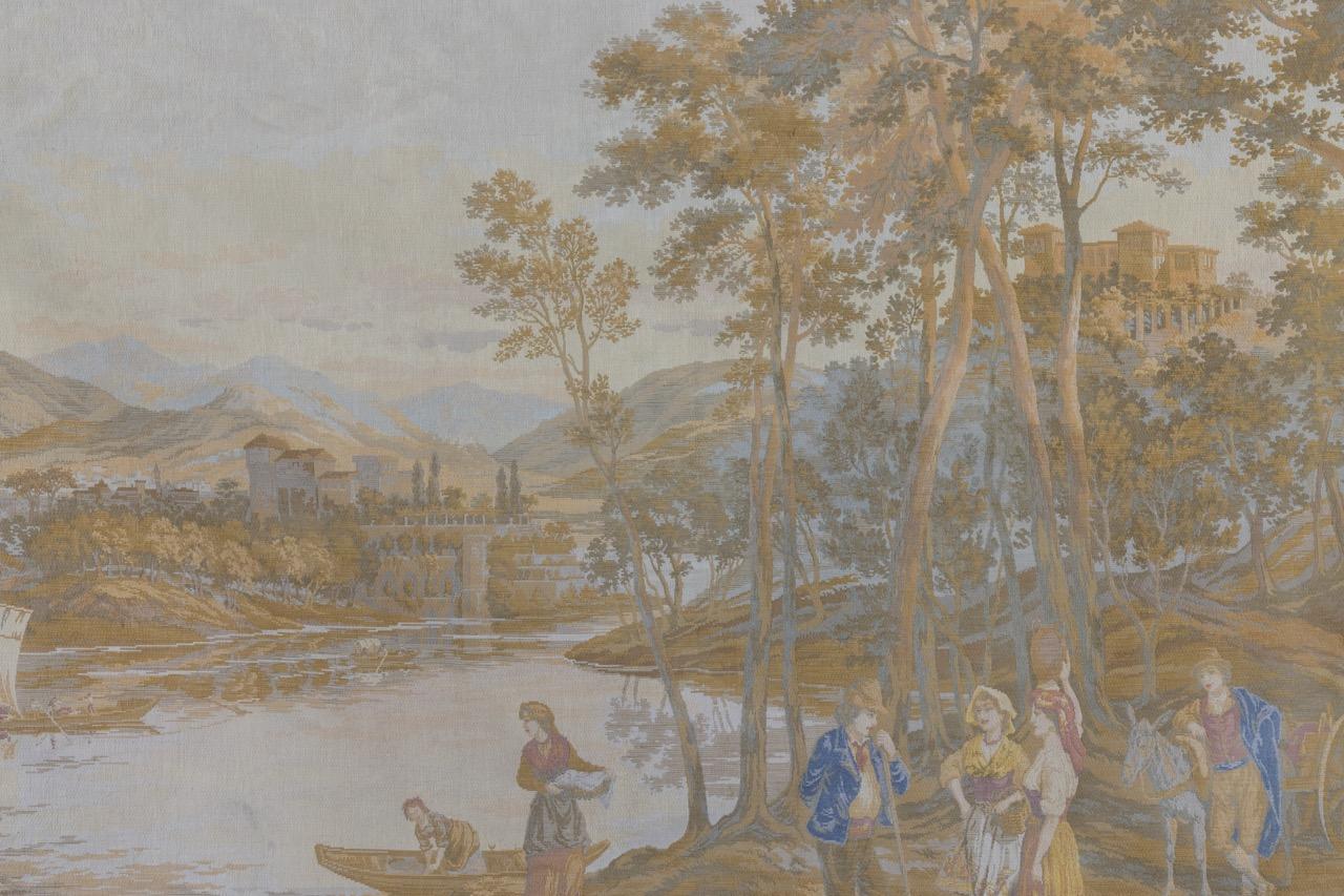 Cotton French Vintage Tapestry Landscape with Castles and Mountains