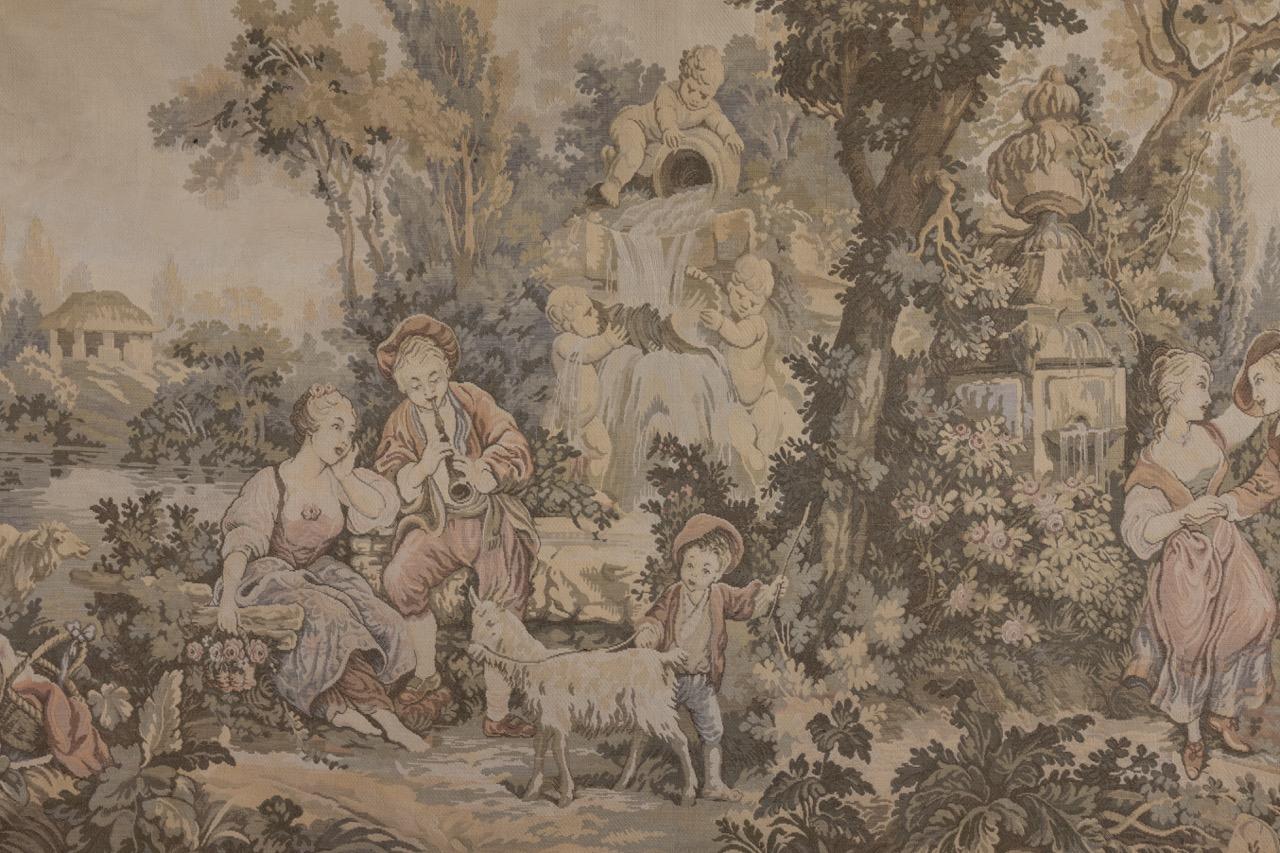 French Vintage Tapestry Gallant Scene from the mid-20th century.
A beautiful French tapestry in Aubusson style, within a flower border featuring a romantic scene in a garden.
Dimensions: 196 cm / 77.16 in x 112 cm / 44.09 in.
In good condition with