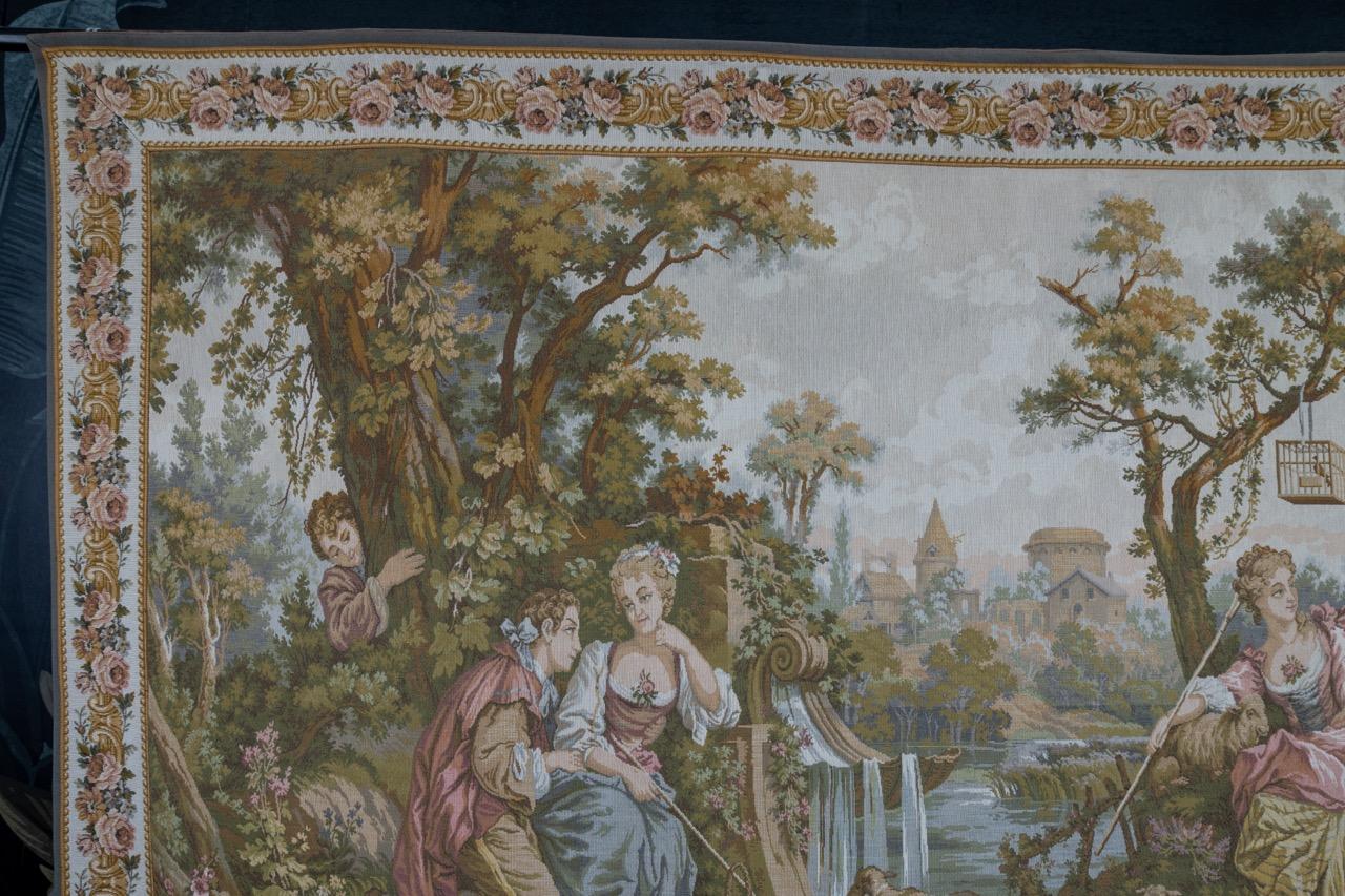French Vintage Tapestry Wall Hanging Gallant Scene For Sale 4
