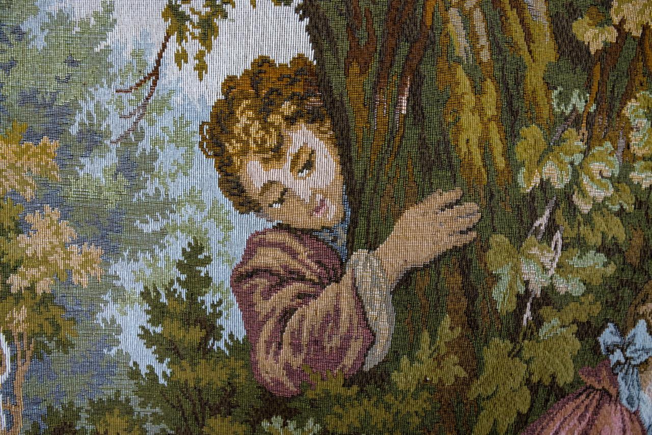 French Vintage Tapestry Wall Hanging Gallant Scene For Sale 5