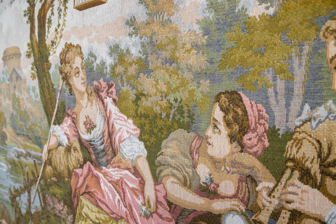 French Vintage Tapestry Wall Hanging Gallant Scene For Sale 9