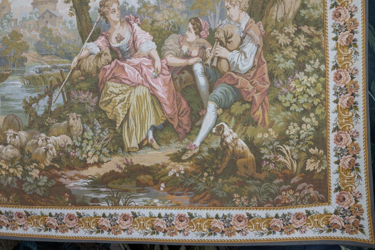 French Vintage Tapestry Wall Hanging Gallant Scene In Good Condition For Sale In Barntrup, DE