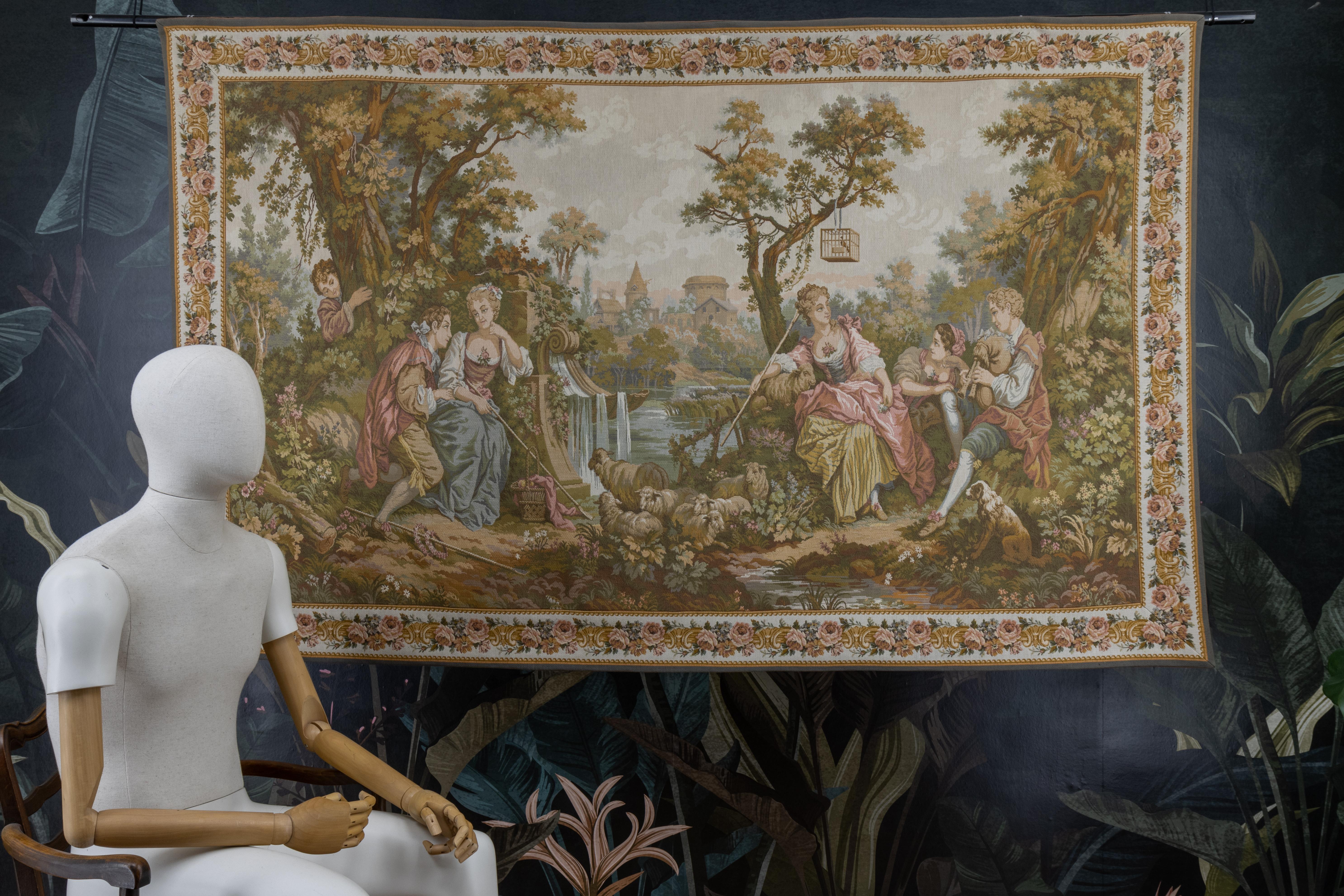 French Vintage Tapestry Wall Hanging Gallant Scene For Sale 3