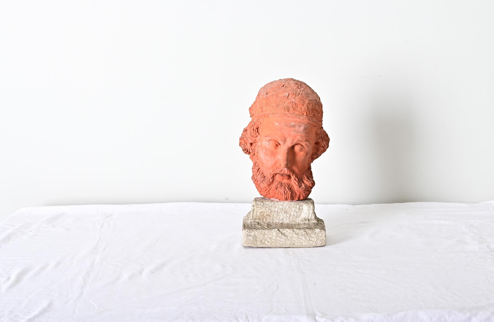 Neoclassical French Vintage Terracotta Bust of Herodotus on Stand For Sale