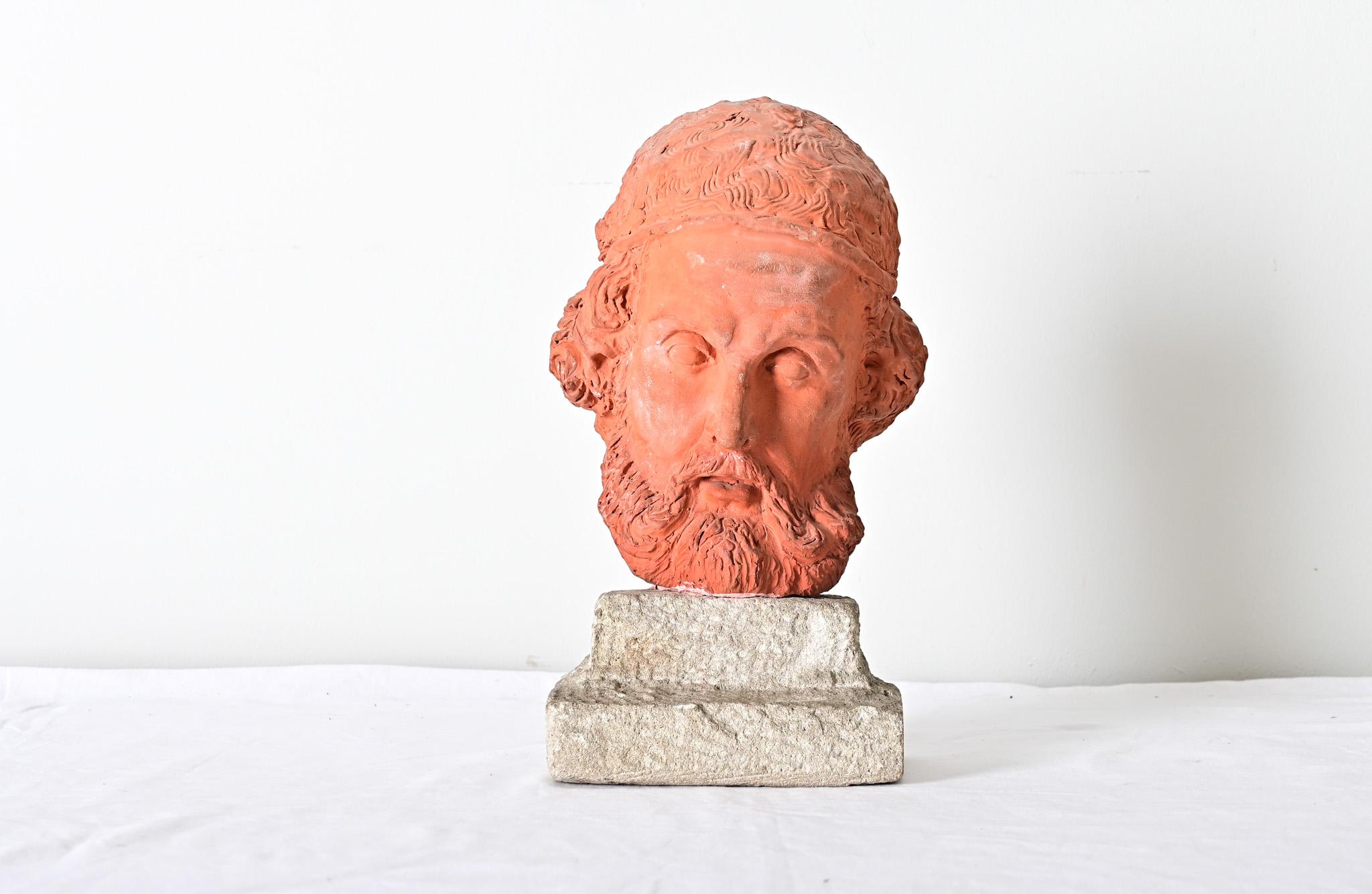 Carved French Vintage Terracotta Bust of Herodotus on Stand For Sale