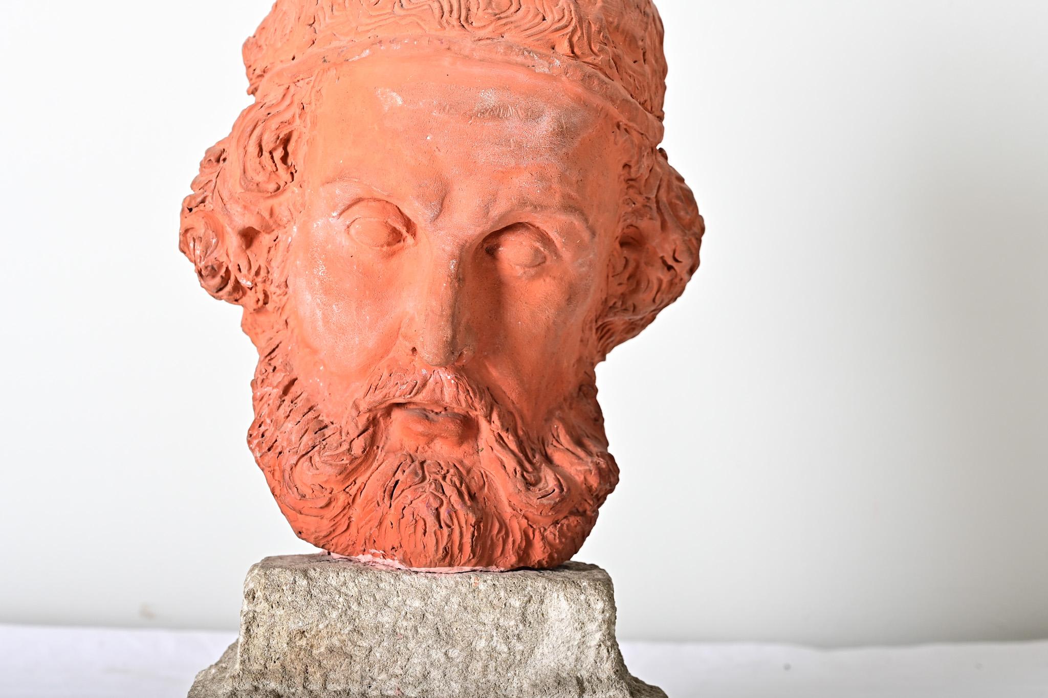 French Vintage Terracotta Bust of Herodotus on Stand In Good Condition For Sale In Baton Rouge, LA