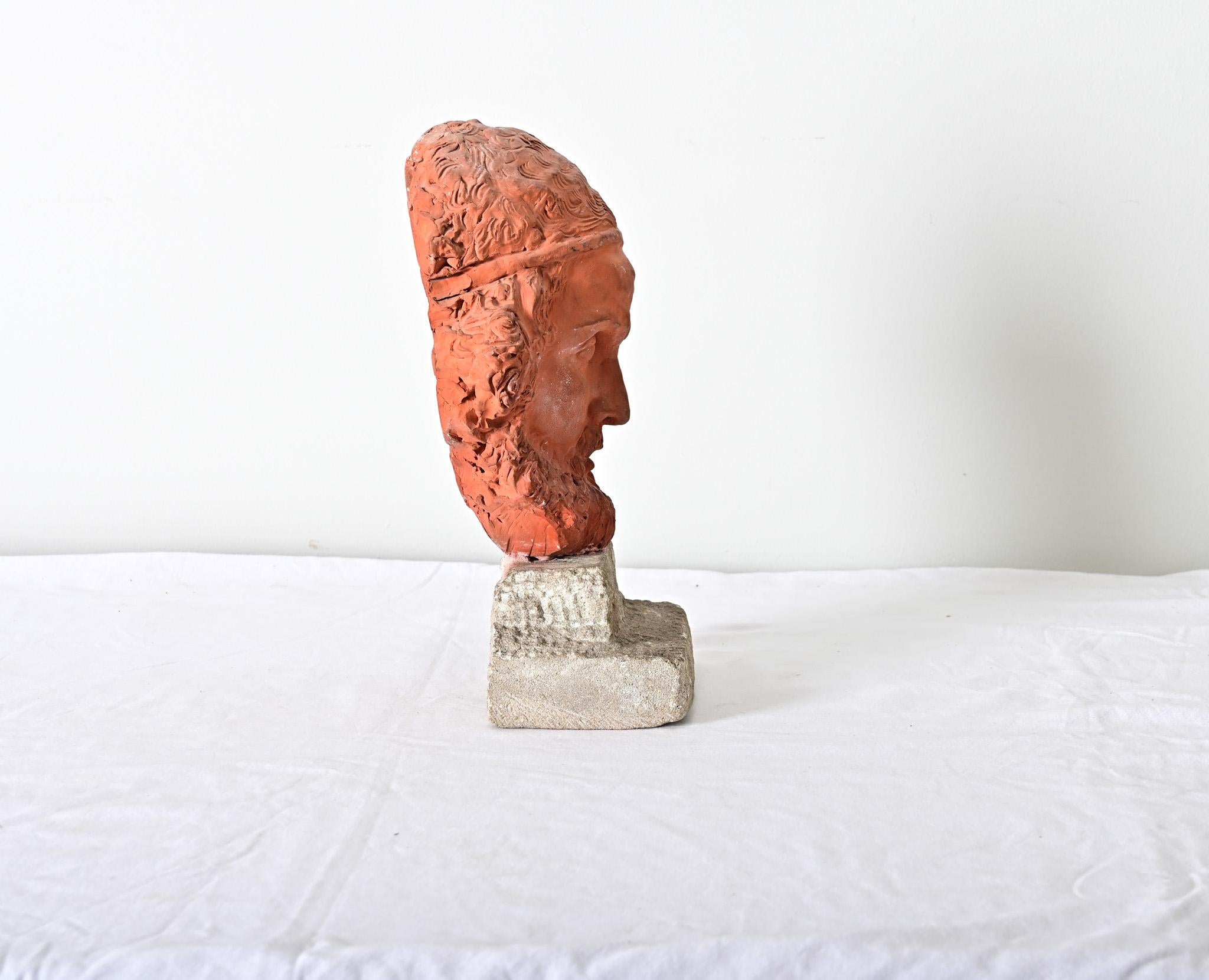 20th Century French Vintage Terracotta Bust of Herodotus on Stand For Sale