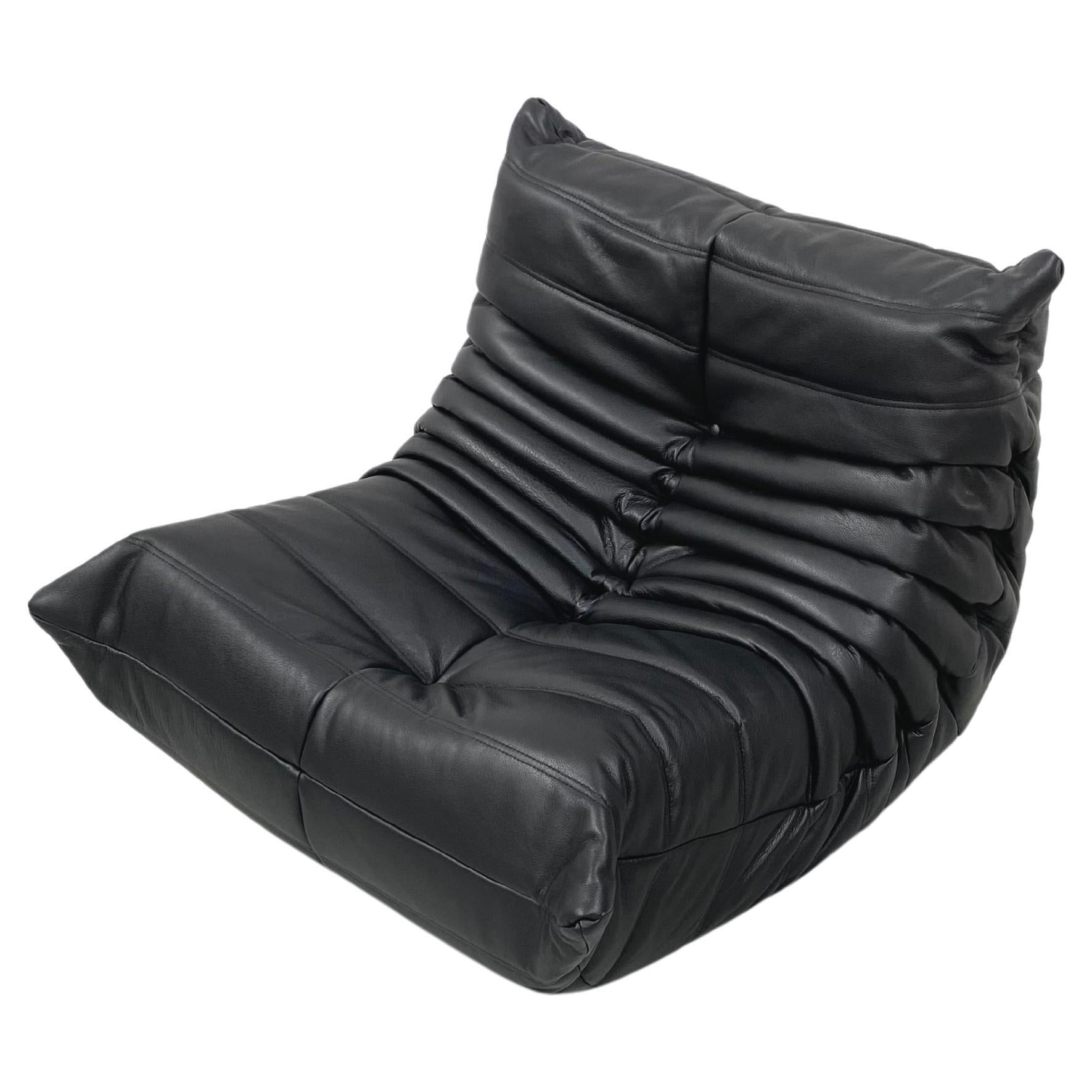 French Vintage Togo Chair in Black Leather by Michel Ducaroy for Ligne Roset.