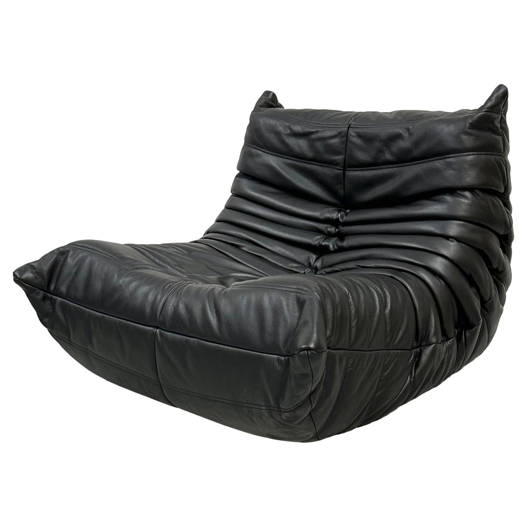 French Vintage Togo Chair in Black Leather by Michel Ducaroy for Ligne Roset.