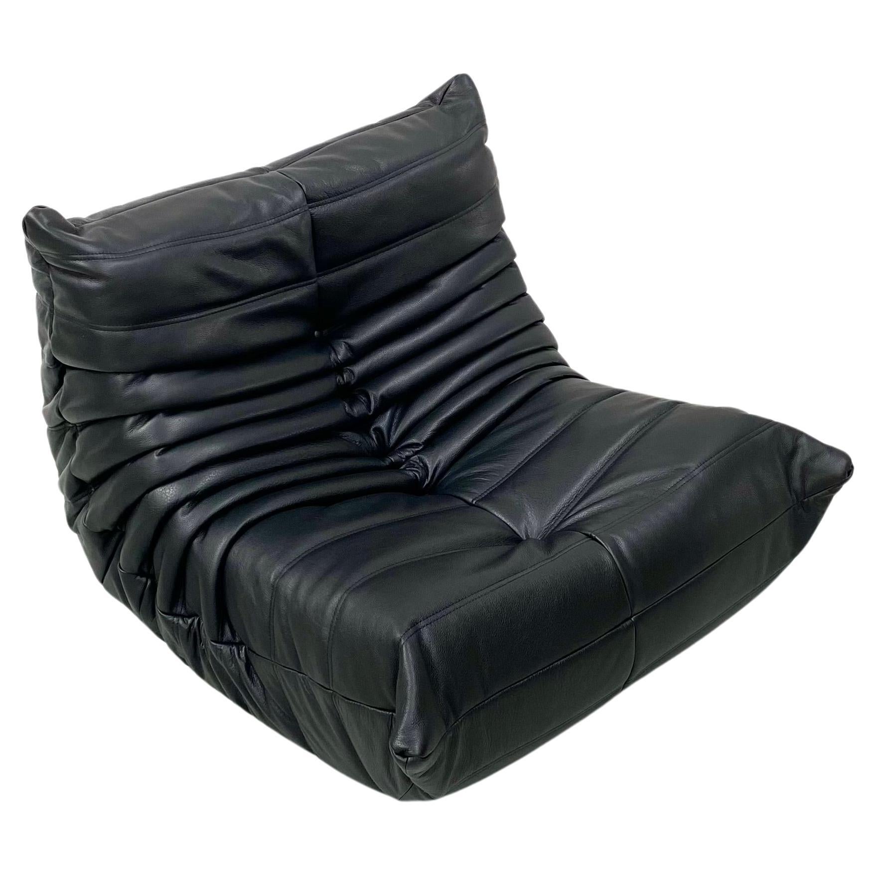French Togo Chair in Black Leather by Michel Ducaroy for Ligne Roset. For Sale