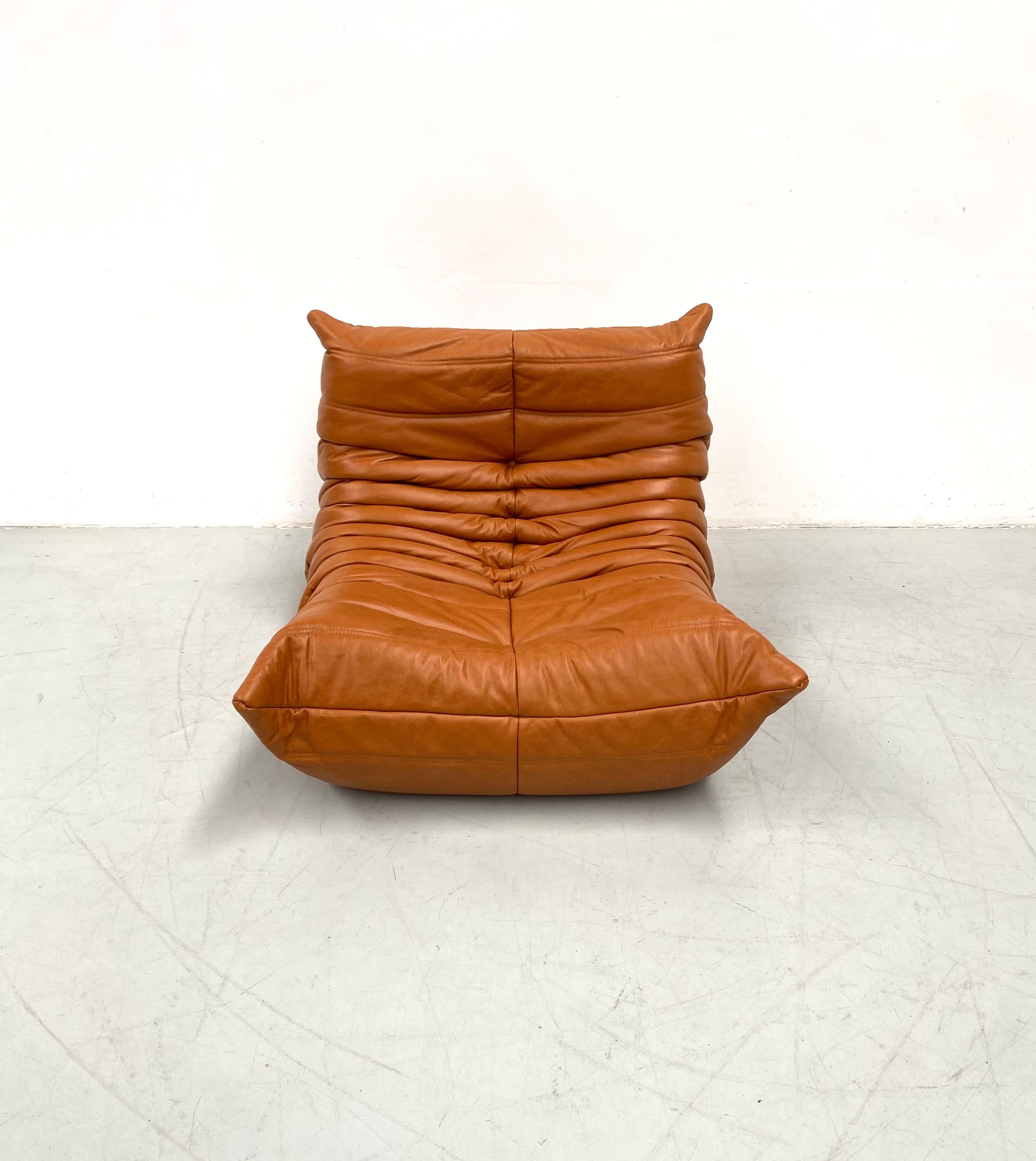 French Vintage Togo Chair in Brown Leather by Michel Ducaroy for Ligne Roset. 1
