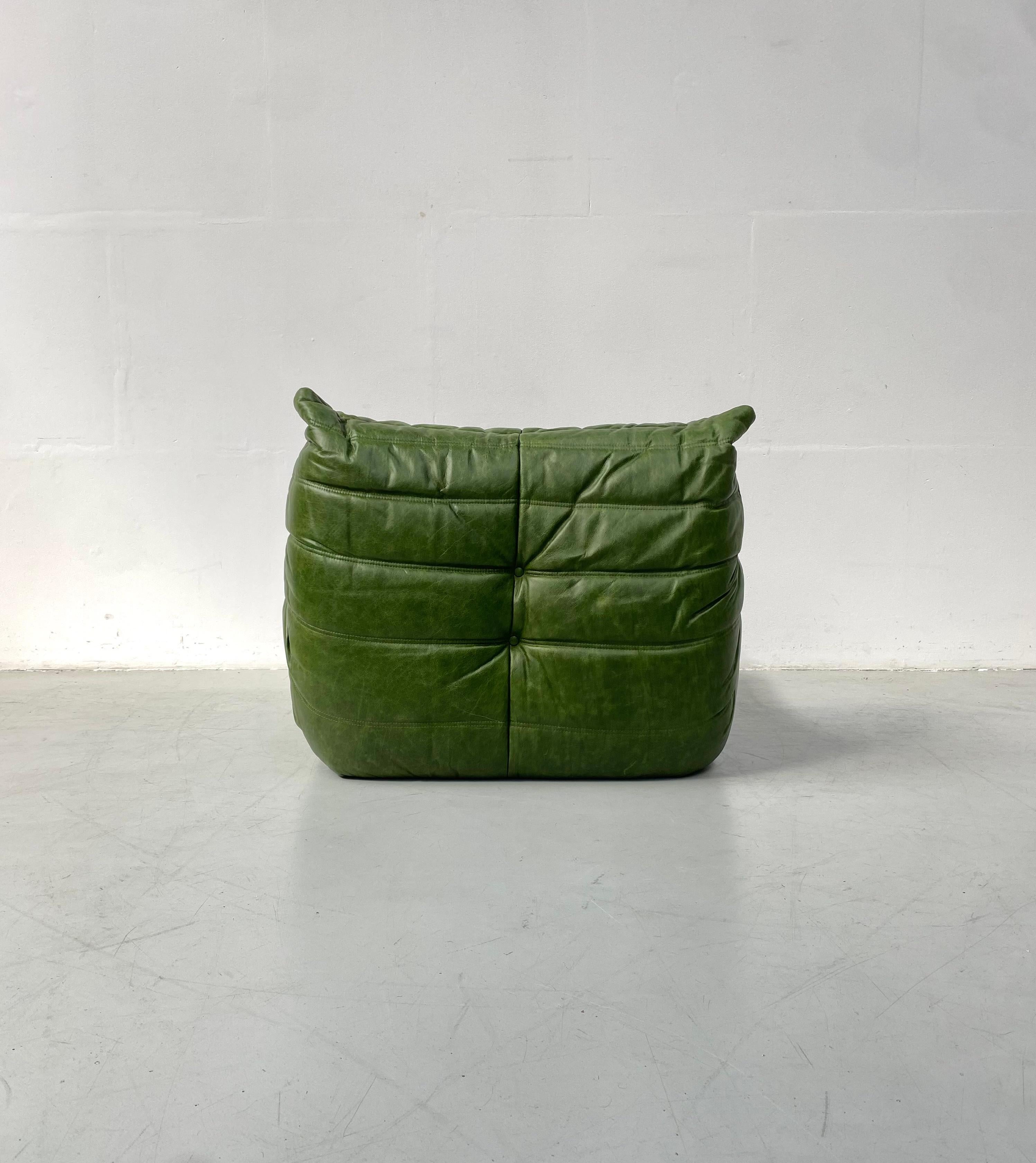 French Vintage Togo Chair in Green Leather by Michel Ducaroy for Ligne Roset 3