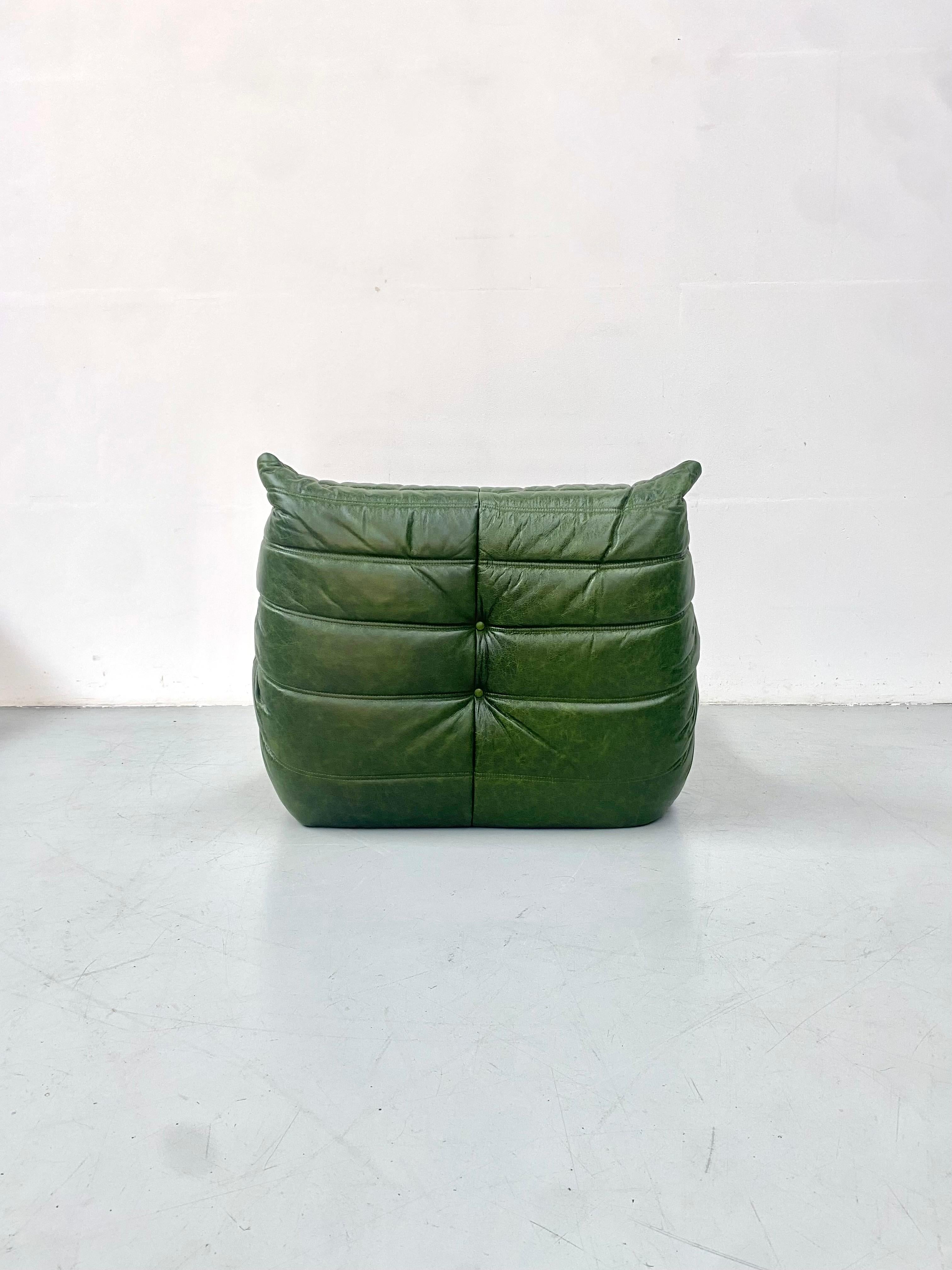 French Vintage Togo Chair in Green Leather by Michel Ducaroy for Ligne Roset 2