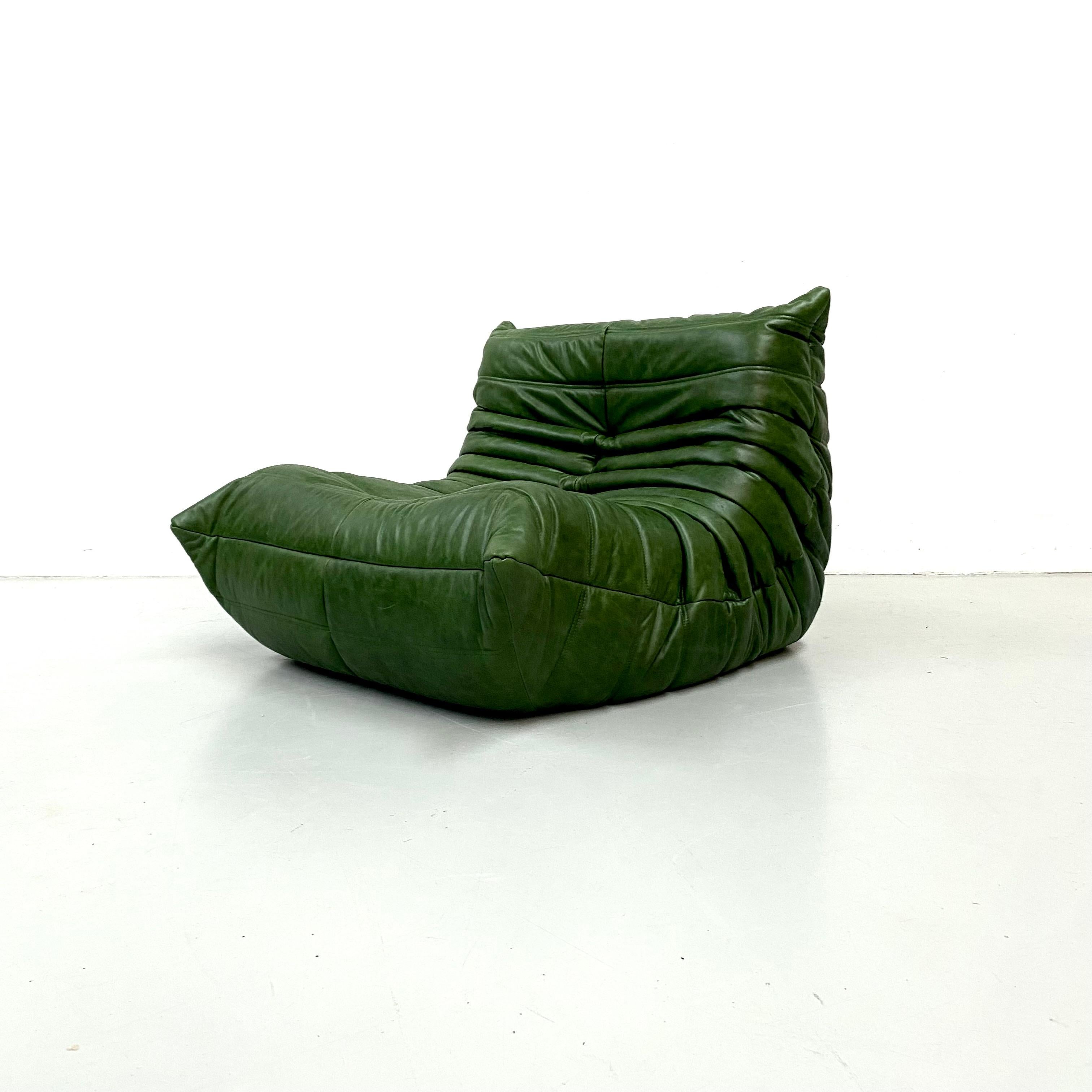 Mid-Century Modern French Vintage Togo Chair in Green Leather by Michel Ducaroy for Ligne Roset.