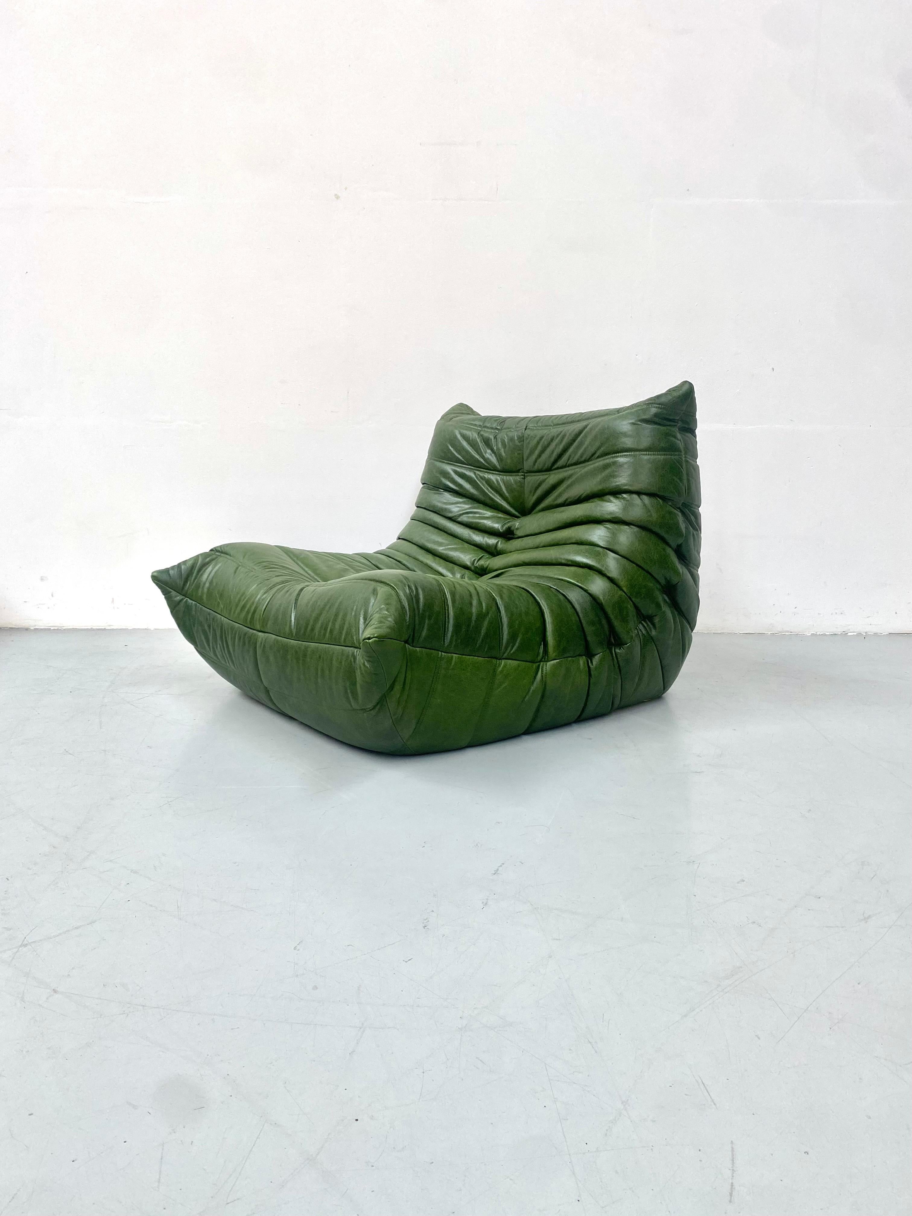 Mid-Century Modern French Vintage Togo Chair in Green Leather by Michel Ducaroy for Ligne Roset