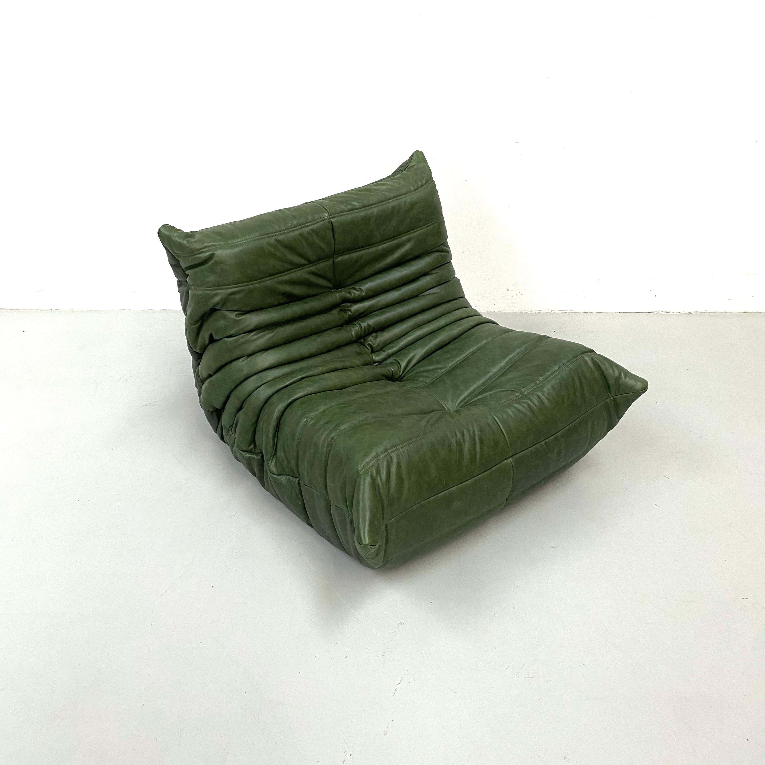 French Vintage Togo Chair in Green Leather by Michel Ducaroy for Ligne Roset. 1