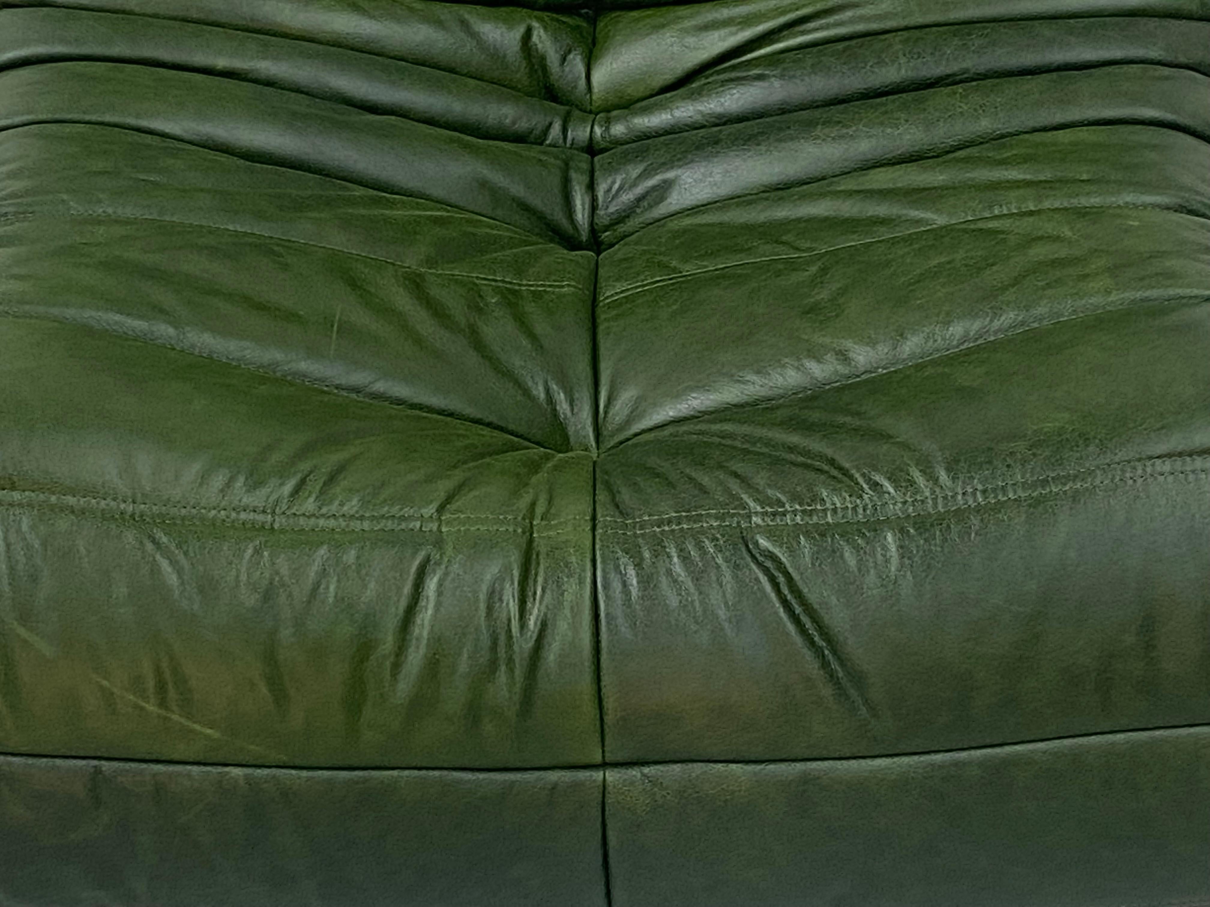 French Vintage Togo Chair in Green Leather by Michel Ducaroy for Ligne Roset 1