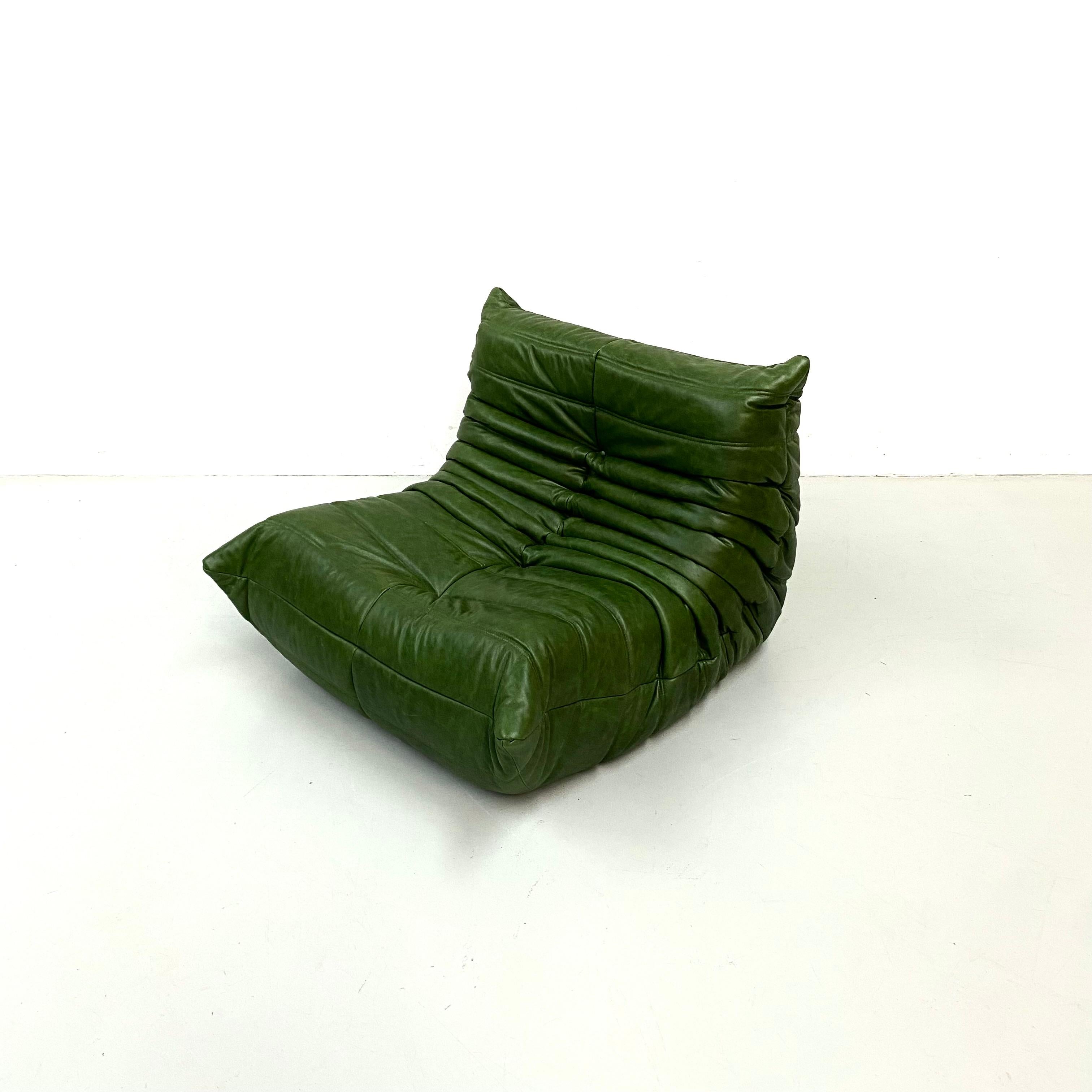 French Vintage Togo Chair in Green Leather by Michel Ducaroy for Ligne Roset. 2