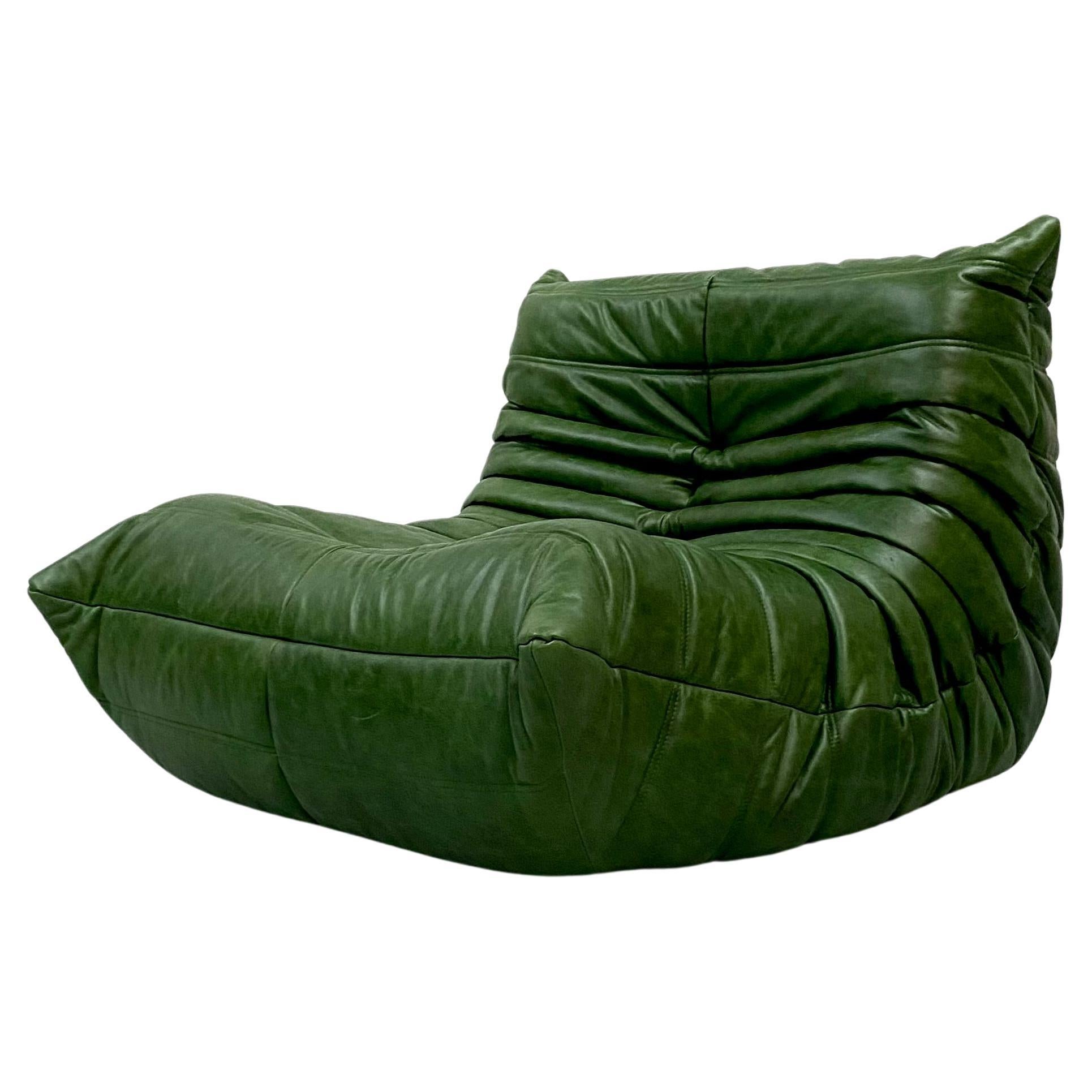 French Vintage Togo Chair in Green Leather by Michel Ducaroy for Ligne Roset.