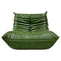 French Vintage Togo Chair in Green Leather by Michel Ducaroy for Ligne Roset