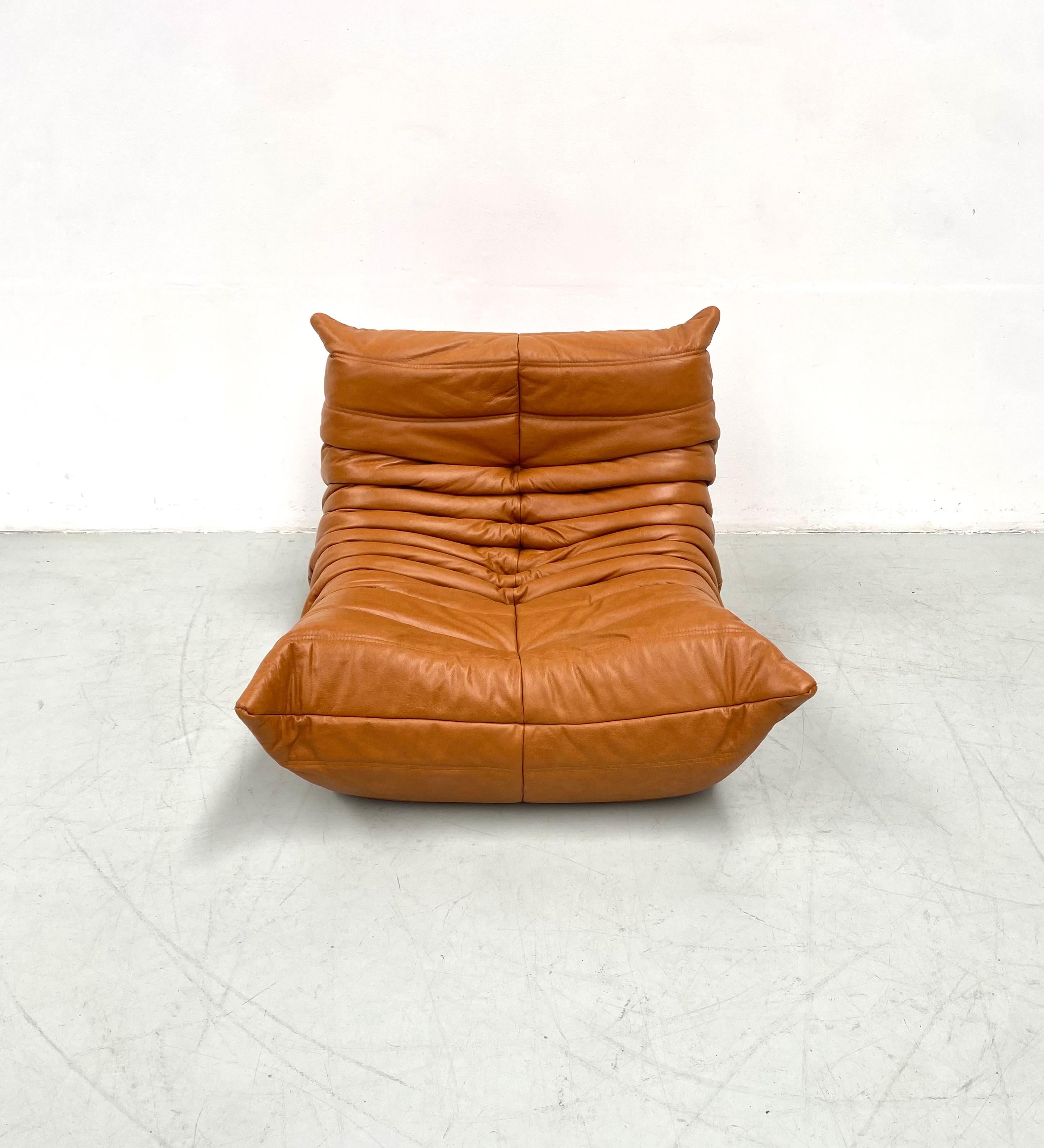 French Togo Chair in Light Brown Leather by Michel Ducaroy for Ligne Roset. 1
