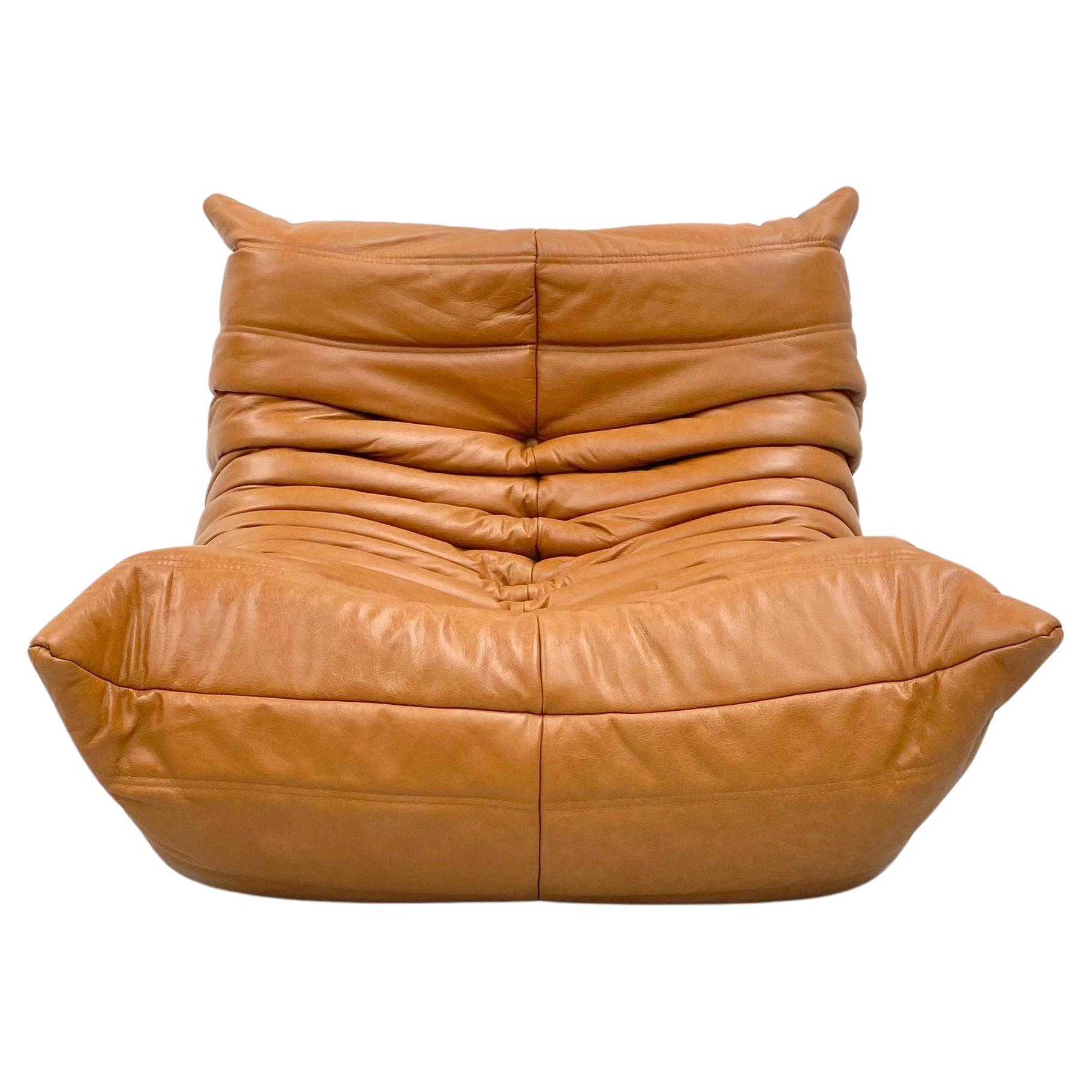 French Togo Chair in Light Brown Leather by Michel Ducaroy for Ligne Roset. For Sale