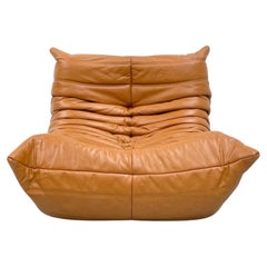 French Togo Chair in Light Brown Leather by Michel Ducaroy for Ligne Roset.
