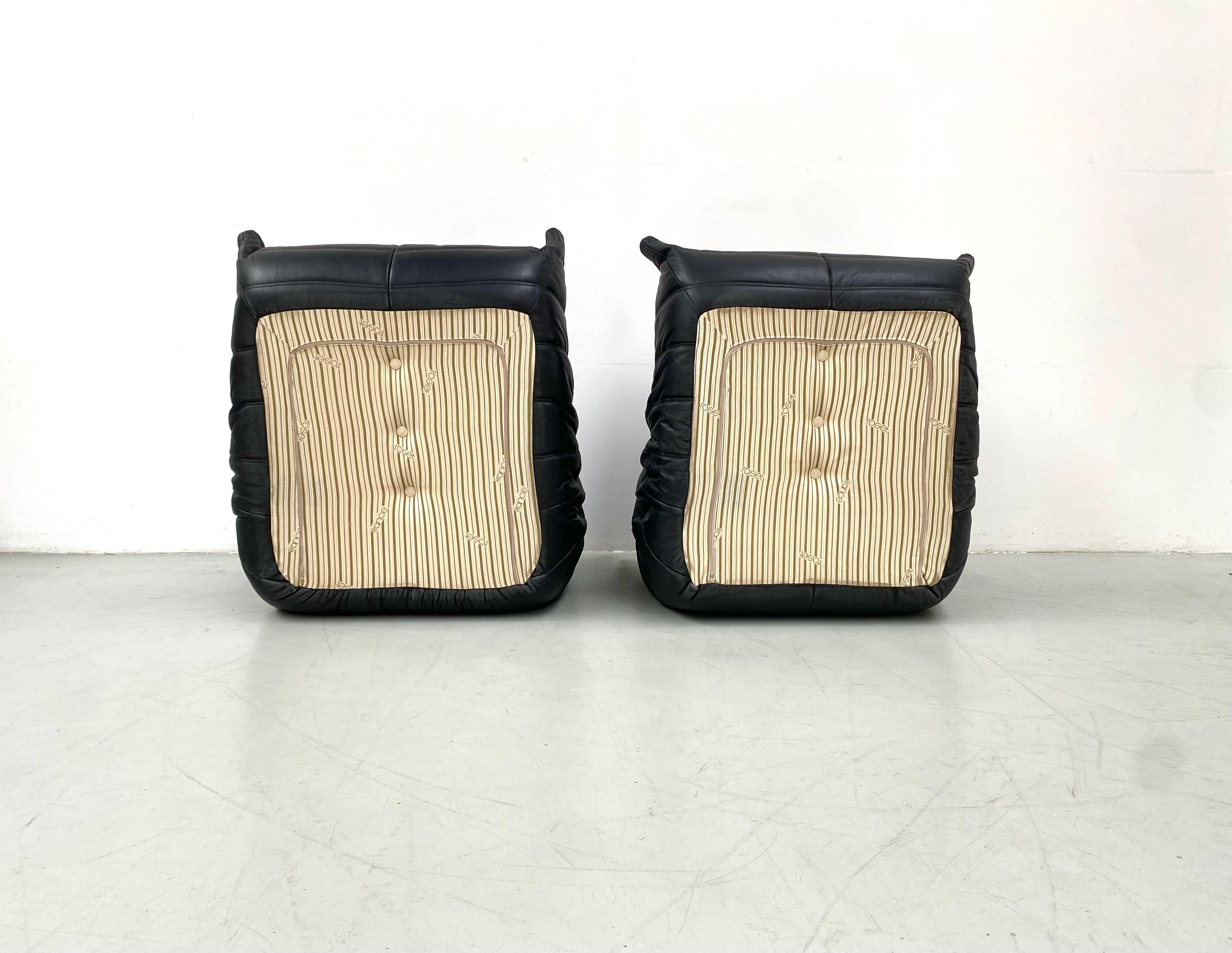 French Vintage Togo Chairs in Black Leather by Michel Ducaroy for Ligne Roset. 9