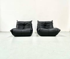 French Vintage Togo Chairs in Black Leather by Michel Ducaroy for Ligne Roset.