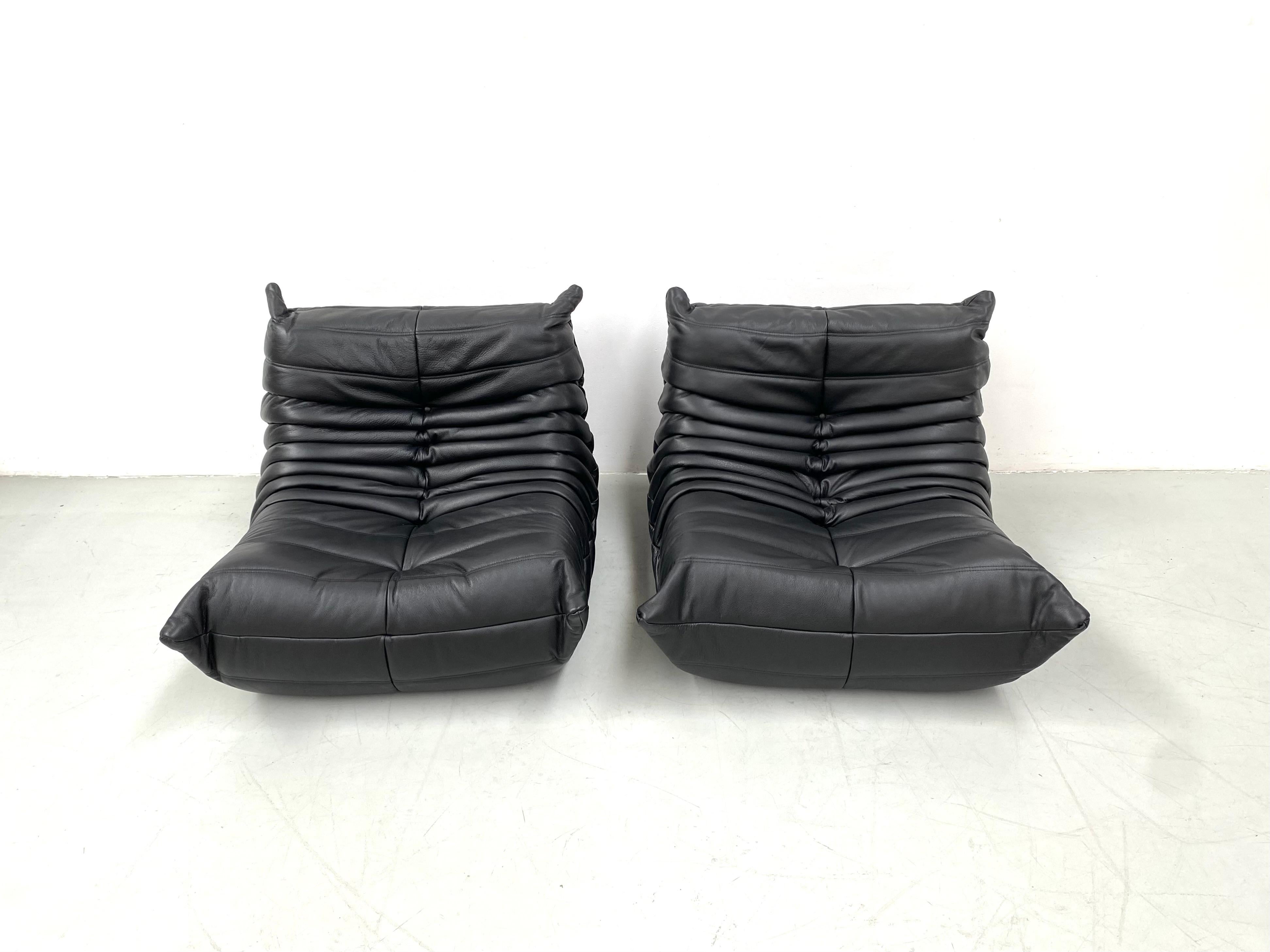 French Vintage Togo Chairs in Black Leather by Michel Ducaroy for Ligne Roset. 2